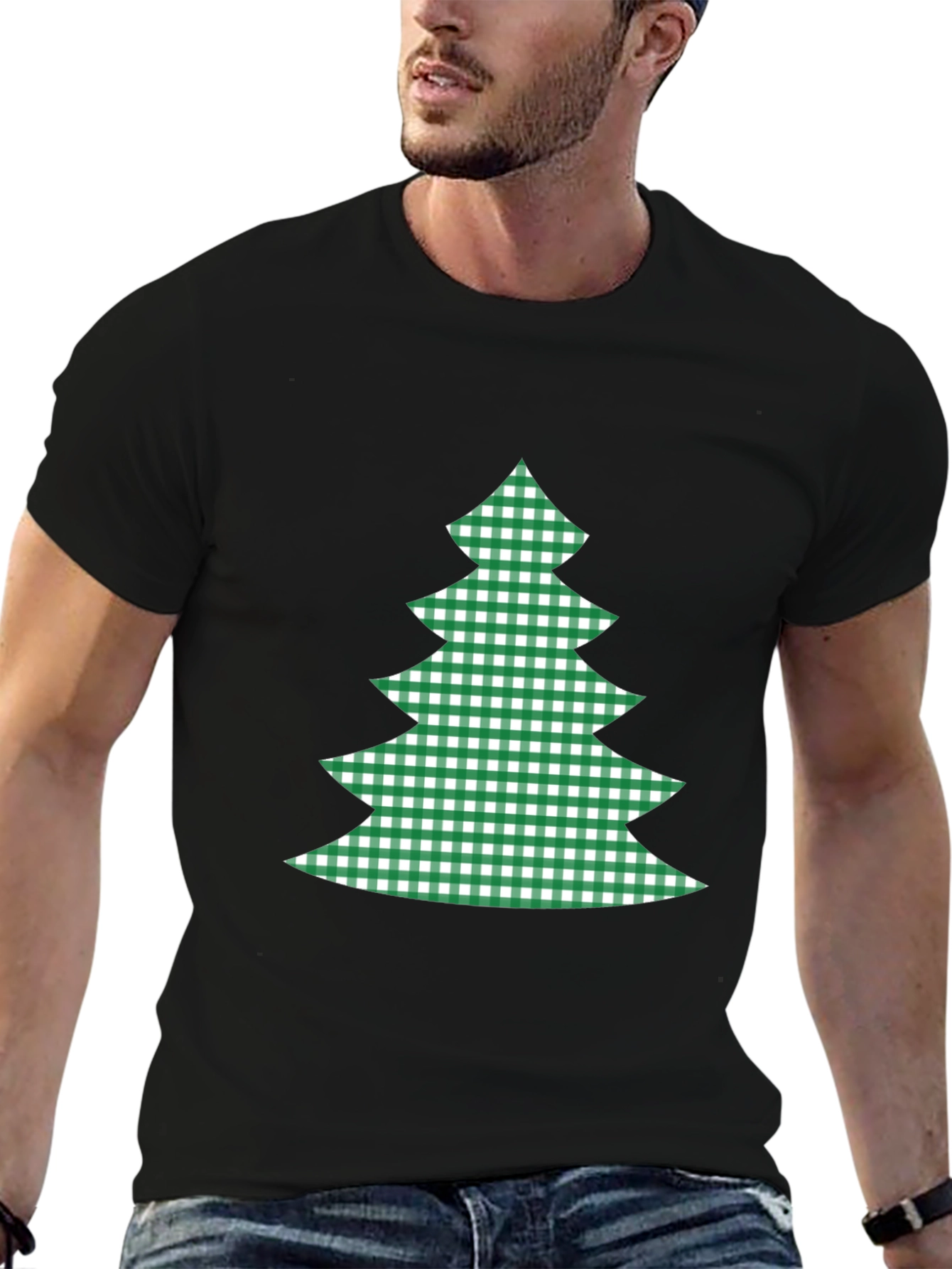 Festive Plaid Christmas Tree Graphic Tee - Black