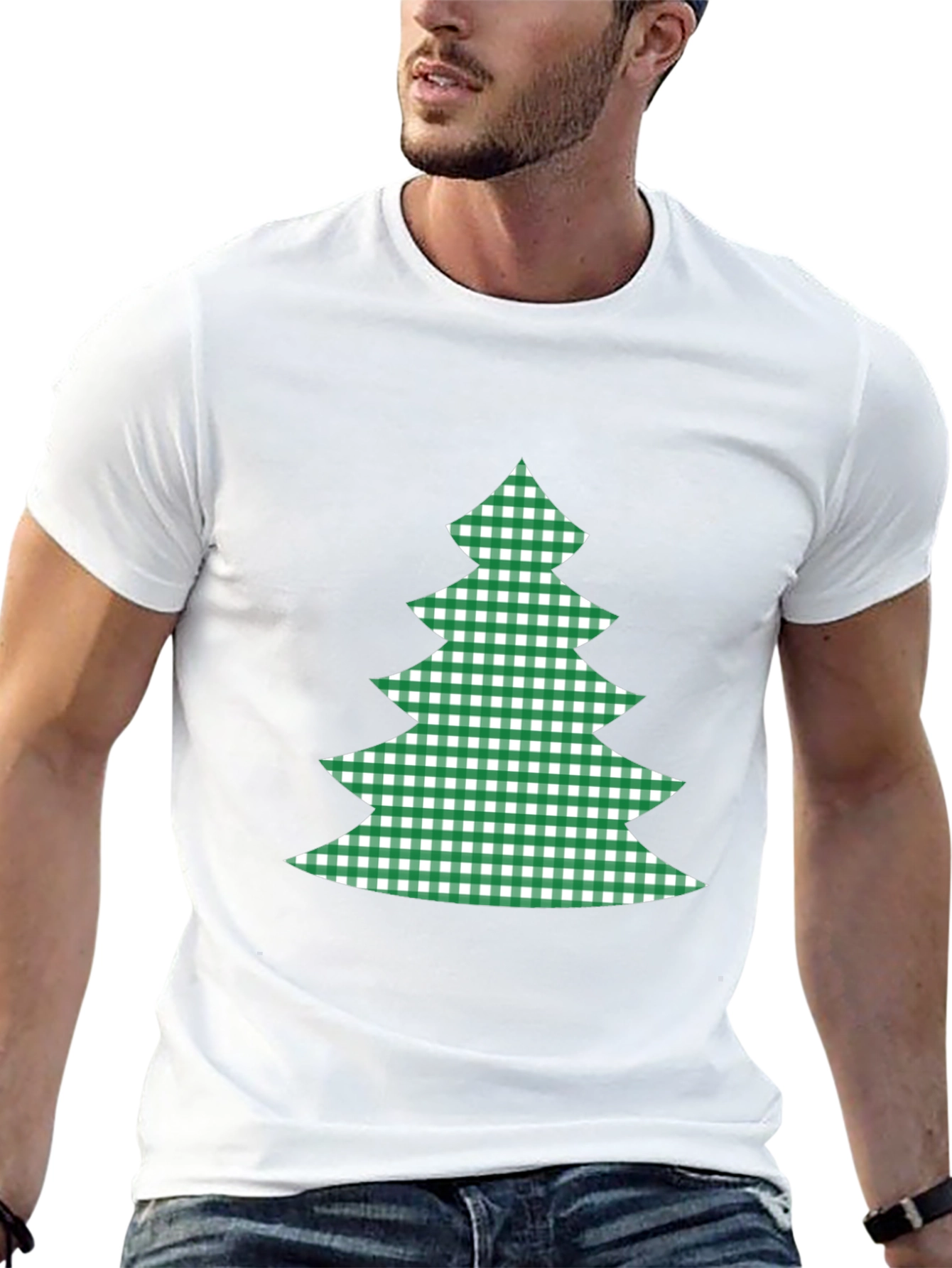Festive Plaid Christmas Tree Graphic Tee - Black