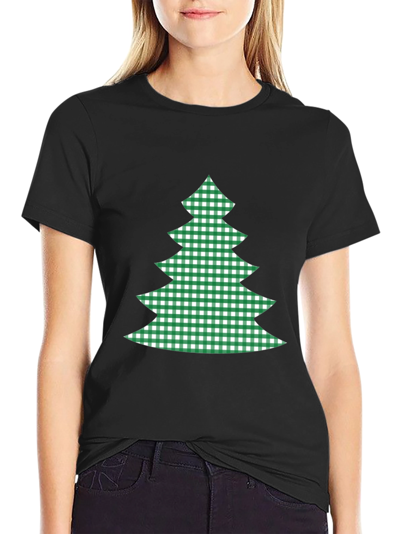 Festive Plaid Christmas Tree Graphic Tee - Black