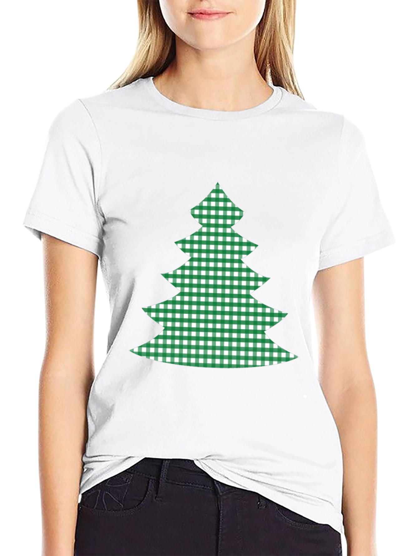 Festive Plaid Christmas Tree Graphic Tee - Black