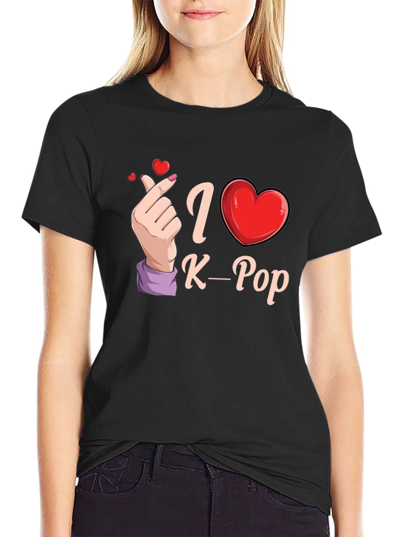 I Love K-Pop Heart Hand Black T-Shirt