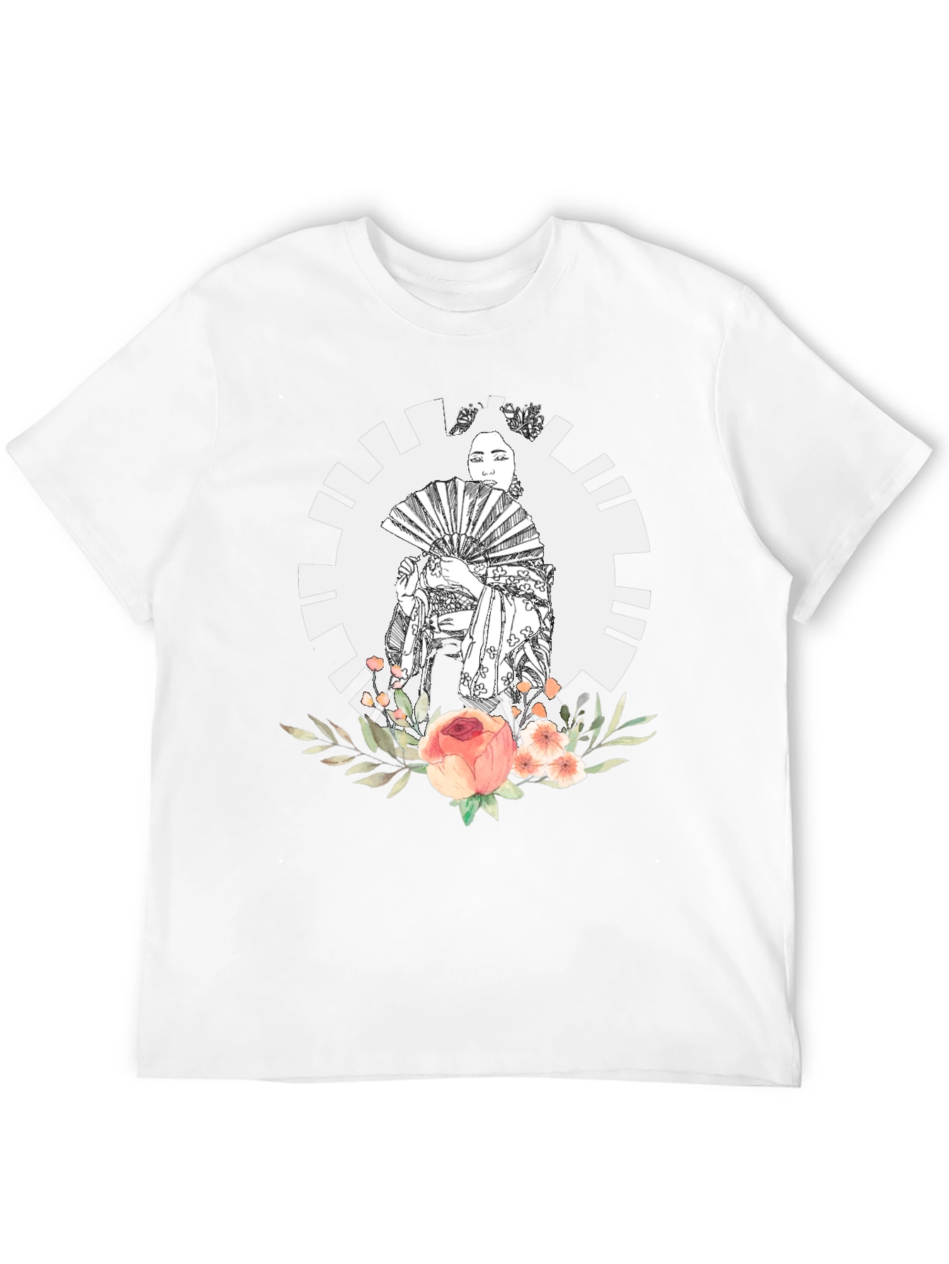 Geisha Floral Graphic Black T-Shirt