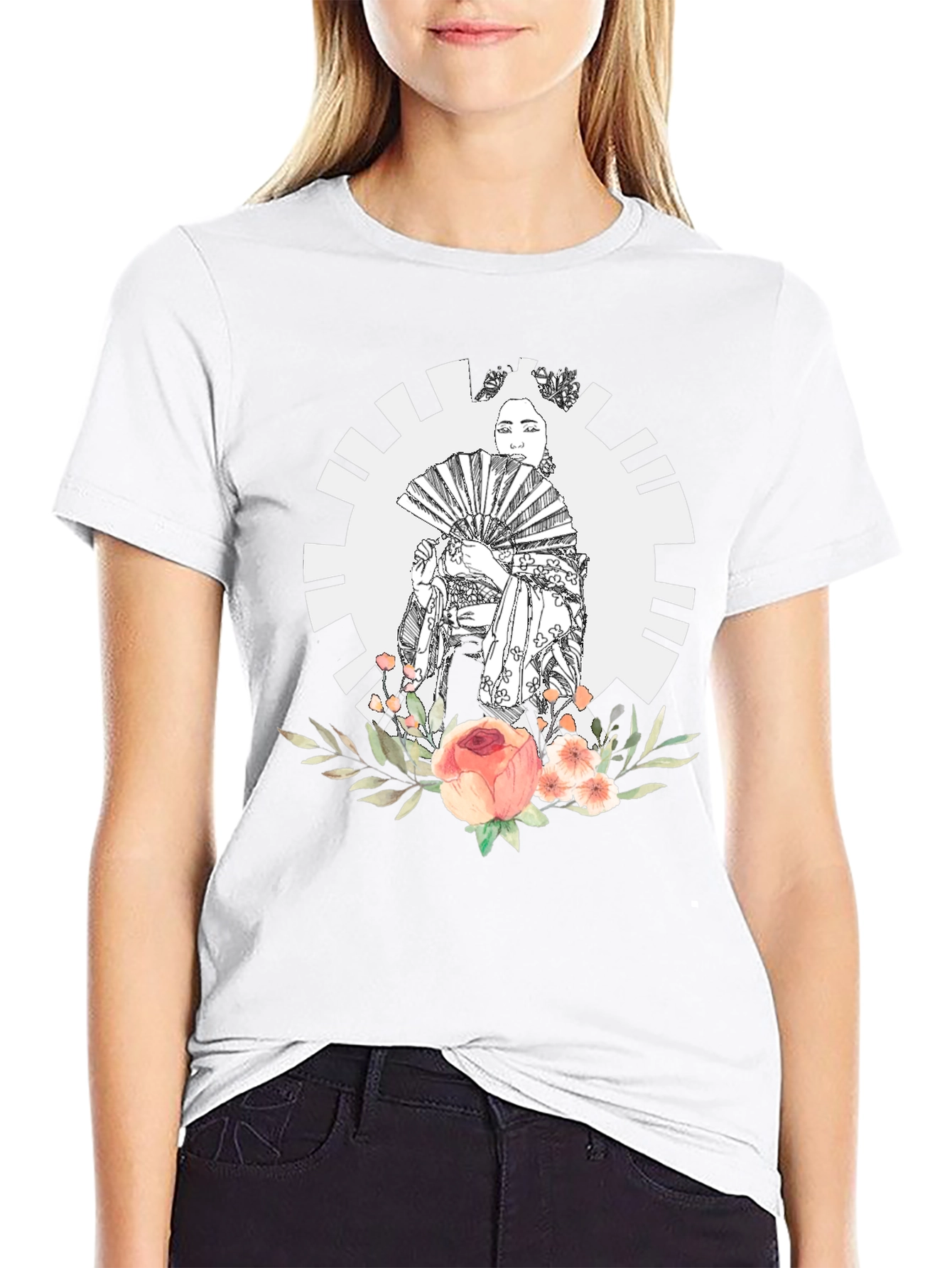 Geisha Floral Graphic Black T-Shirt
