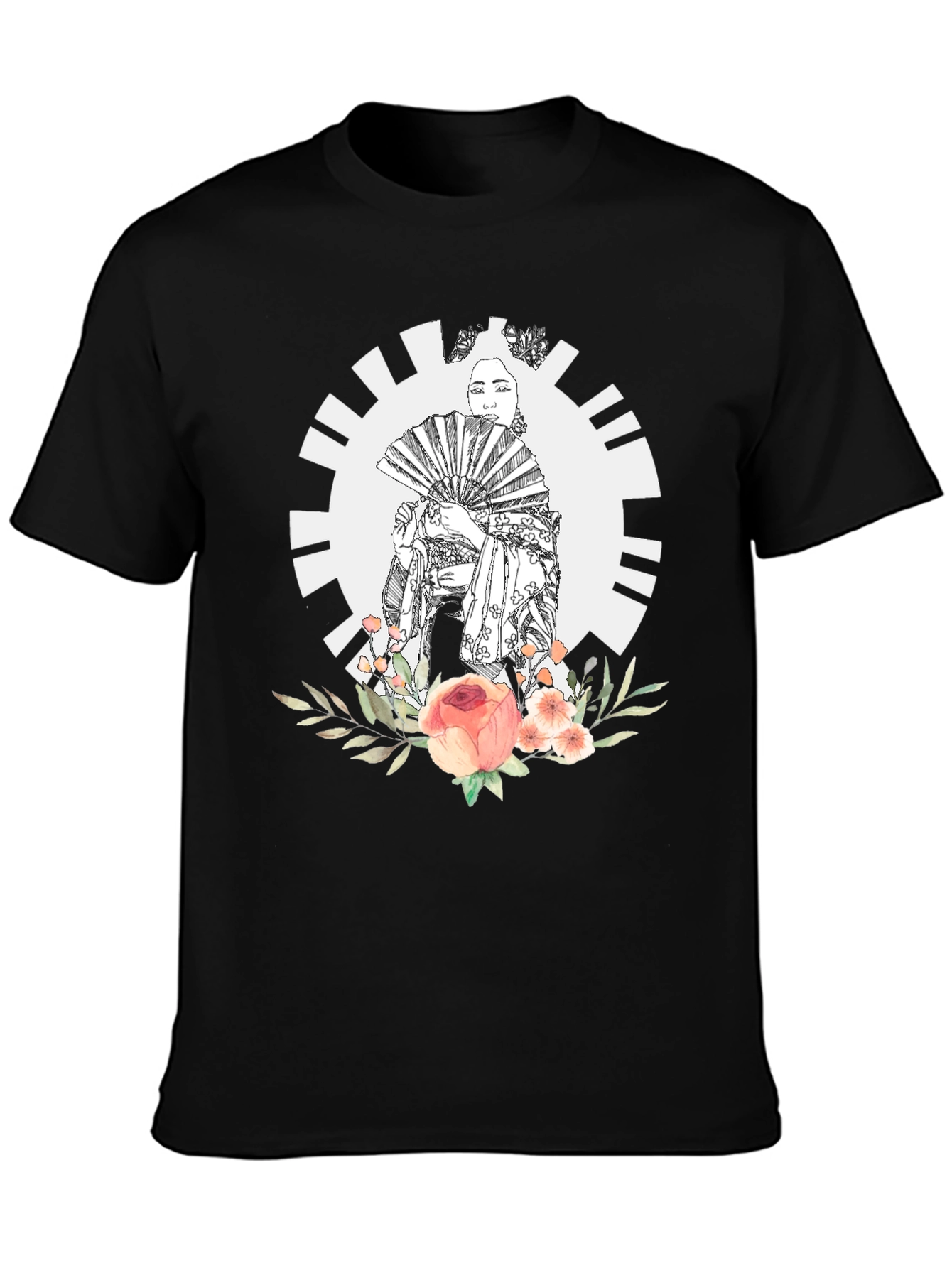 Geisha Floral Graphic Black T-Shirt