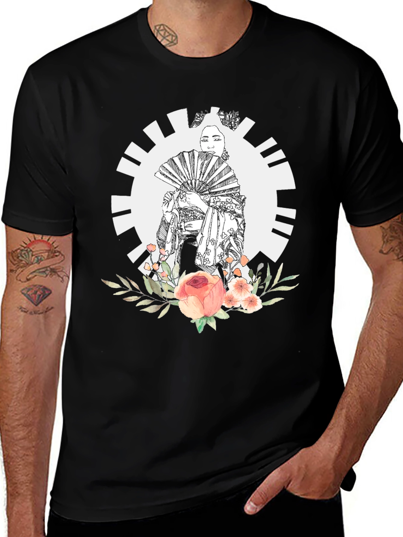Geisha Floral Graphic Black T-Shirt