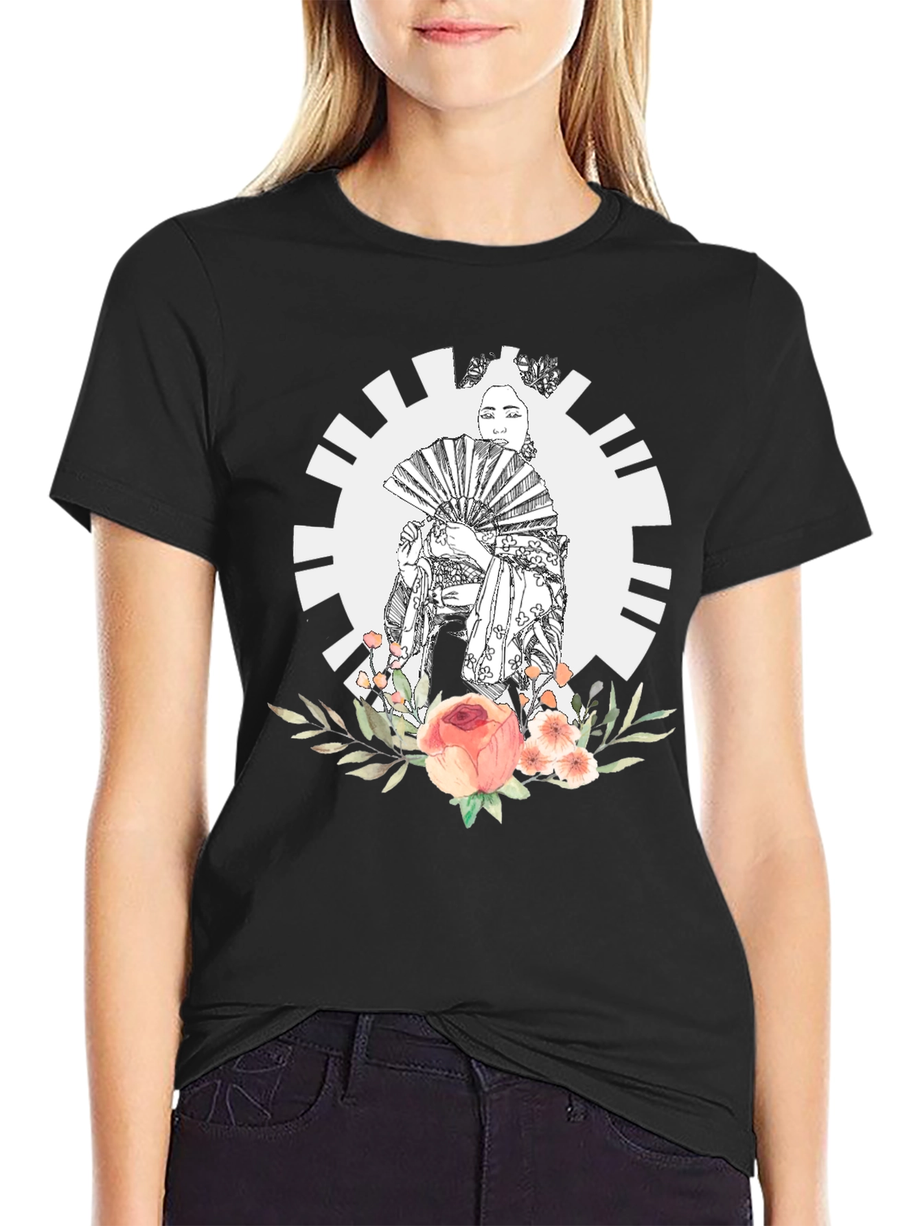 Geisha Floral Graphic Black T-Shirt