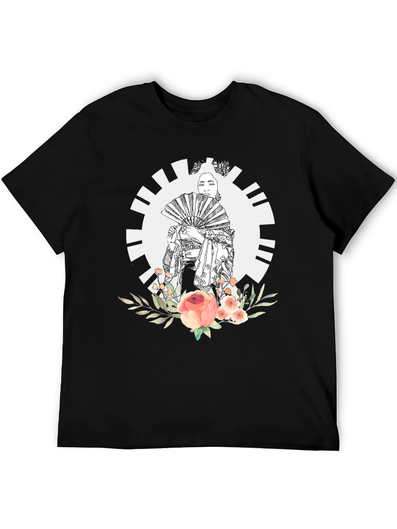 Geisha Floral Graphic Black T-Shirt