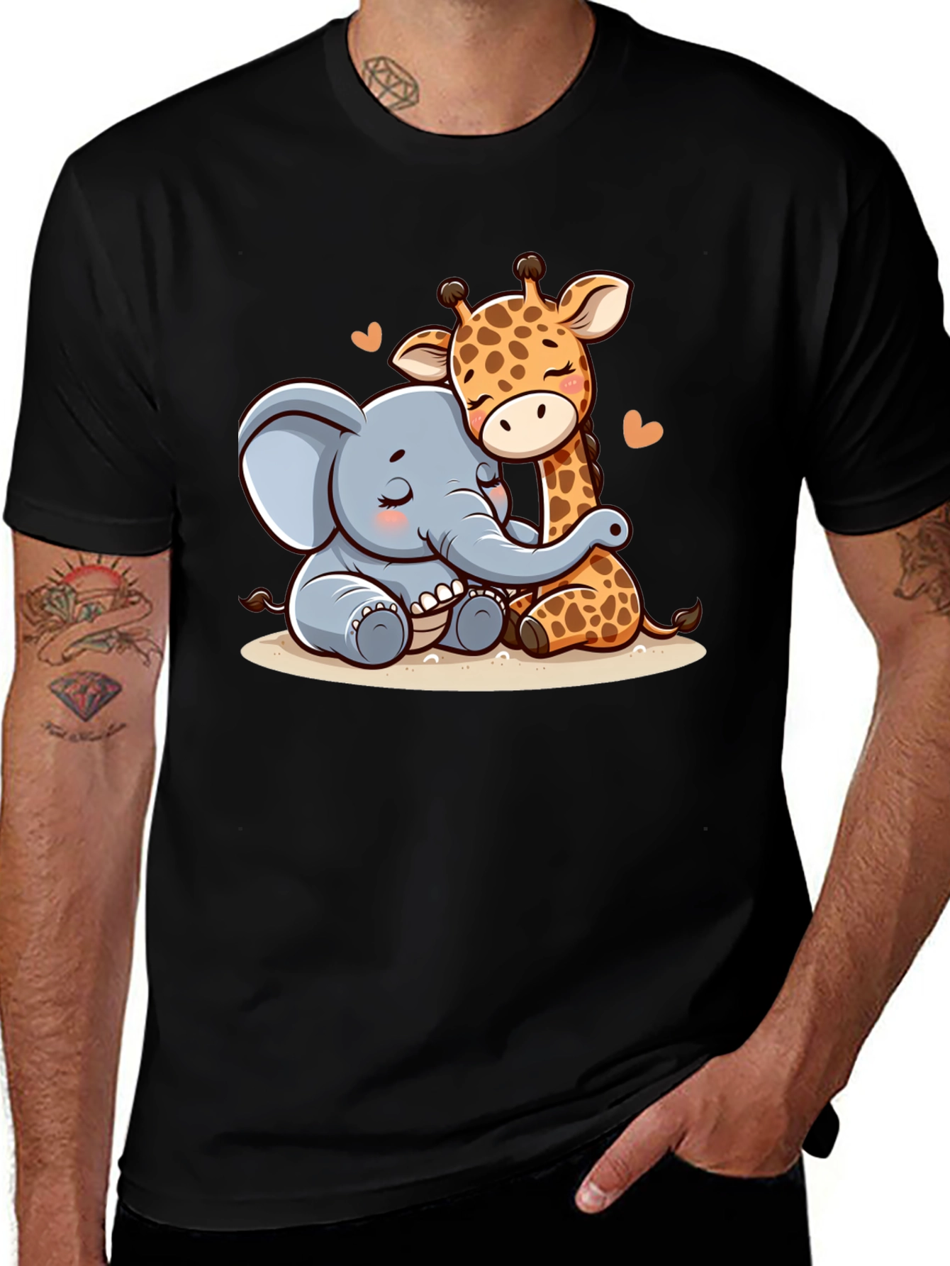 Cute Elephant & Giraffe Hug Graphic Tee - Black