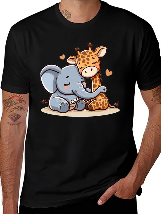 Cute Elephant & Giraffe Hug Graphic Tee - Black