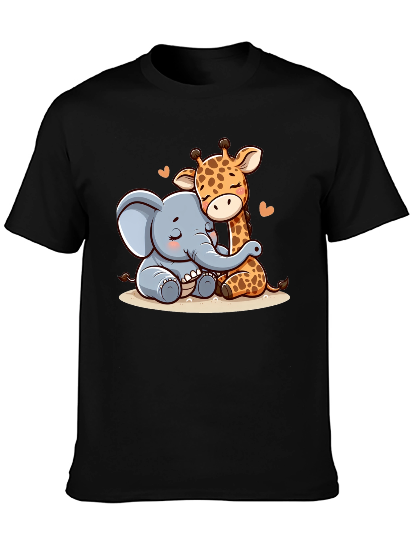 Cute Elephant & Giraffe Hug Graphic Tee - Black