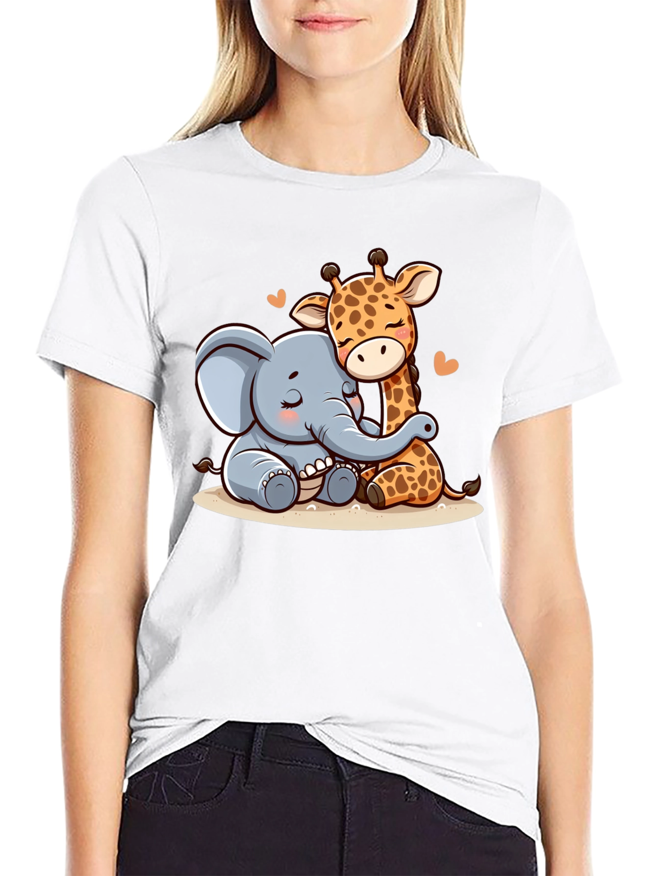 Cute Elephant & Giraffe Hug Graphic Tee - Black
