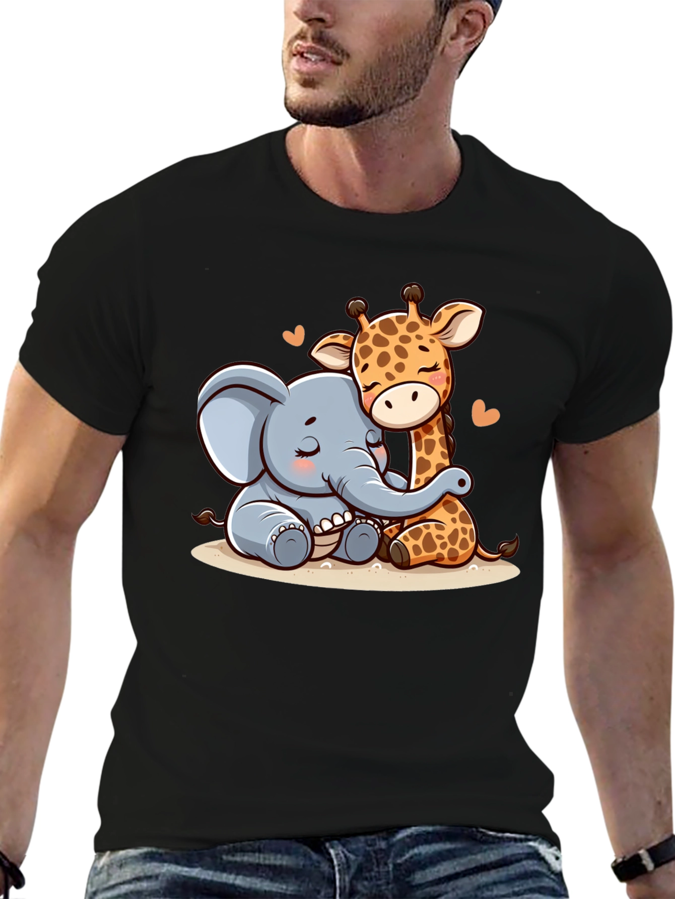 Cute Elephant & Giraffe Hug Graphic Tee - Black