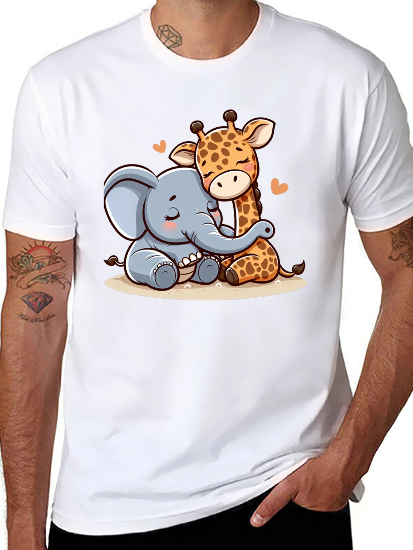 Cute Elephant & Giraffe Hug Graphic Tee - Black