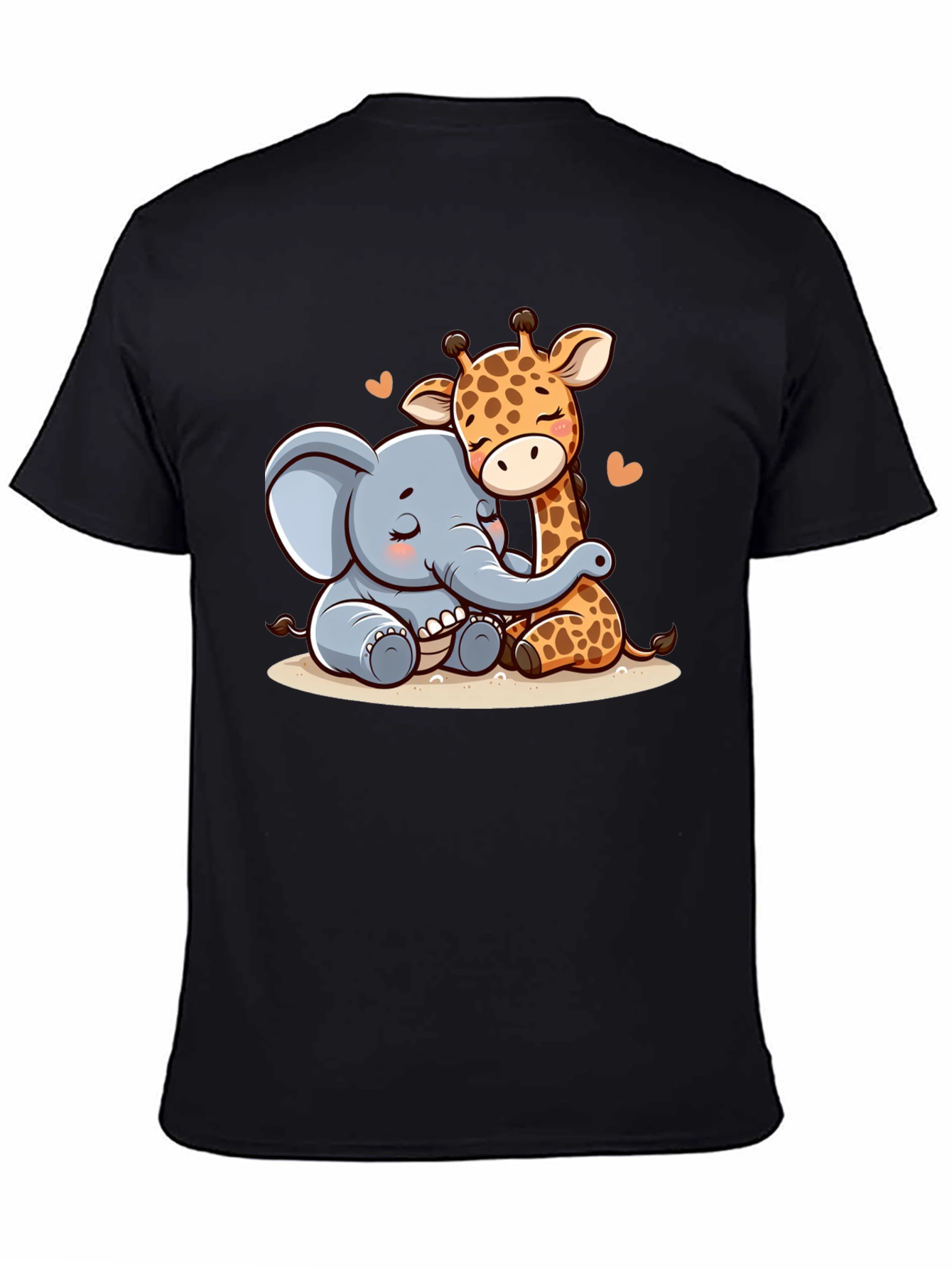 Cute Elephant & Giraffe Hug Graphic Tee - Black