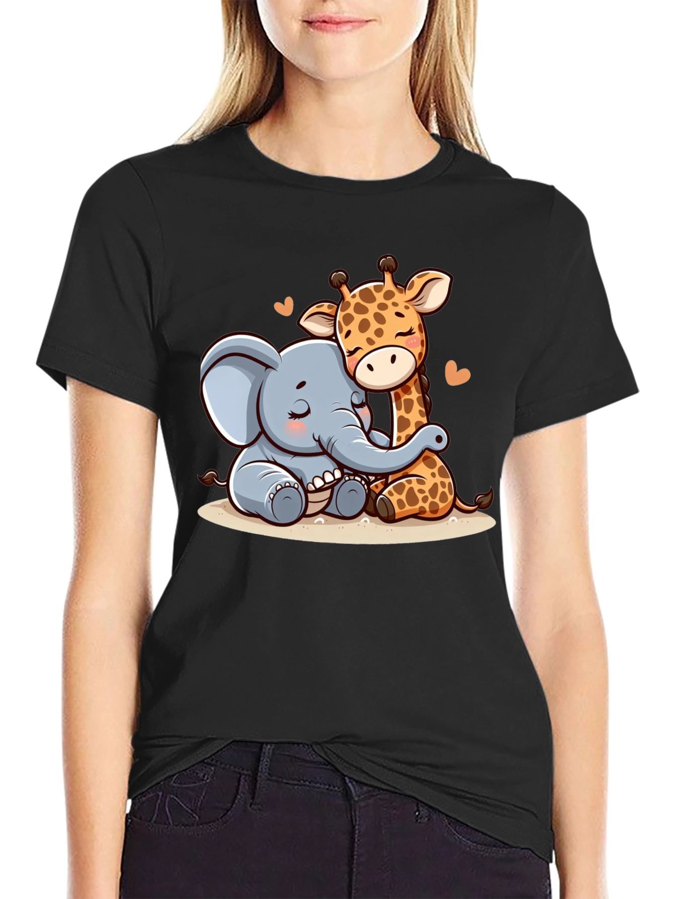 Cute Elephant & Giraffe Hug Graphic Tee - Black