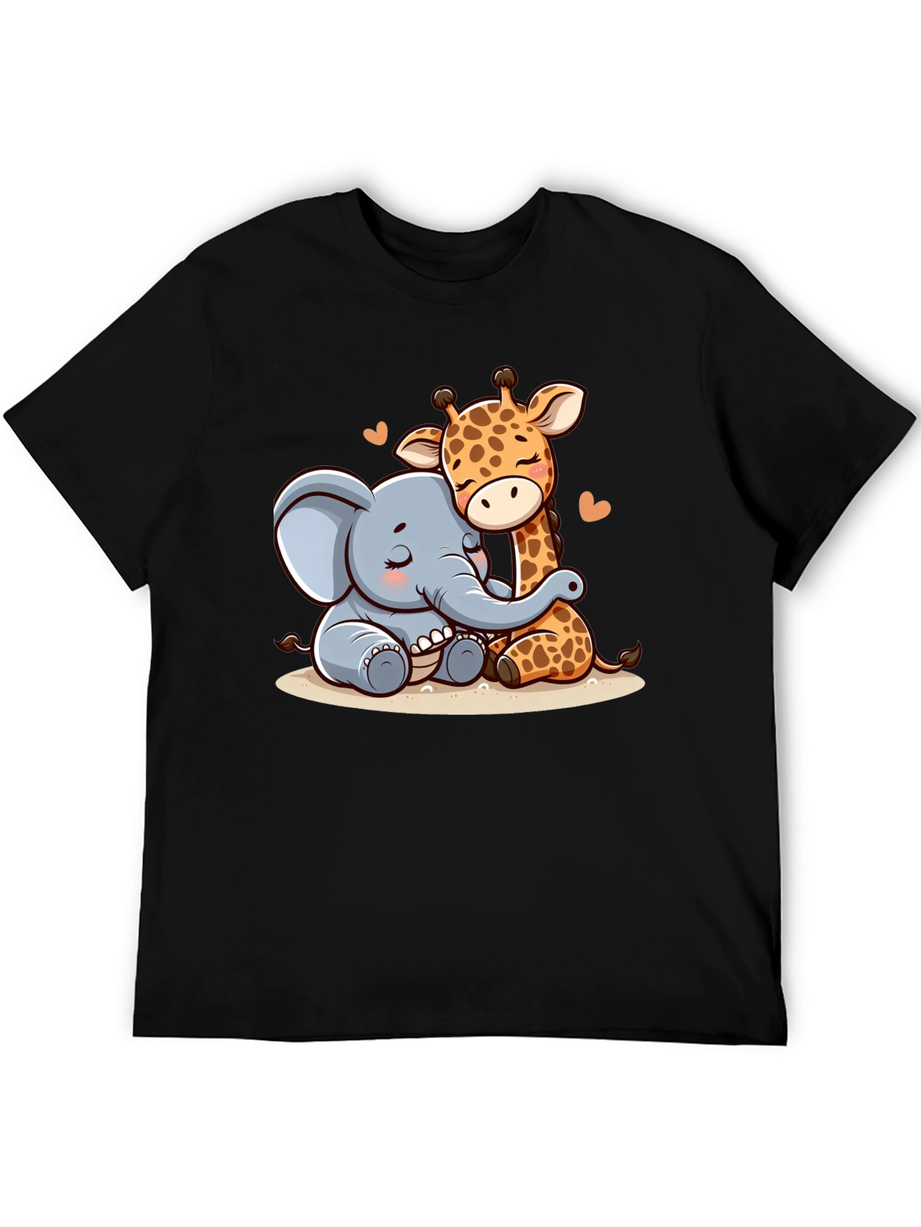 Cute Elephant & Giraffe Hug Graphic Tee - Black