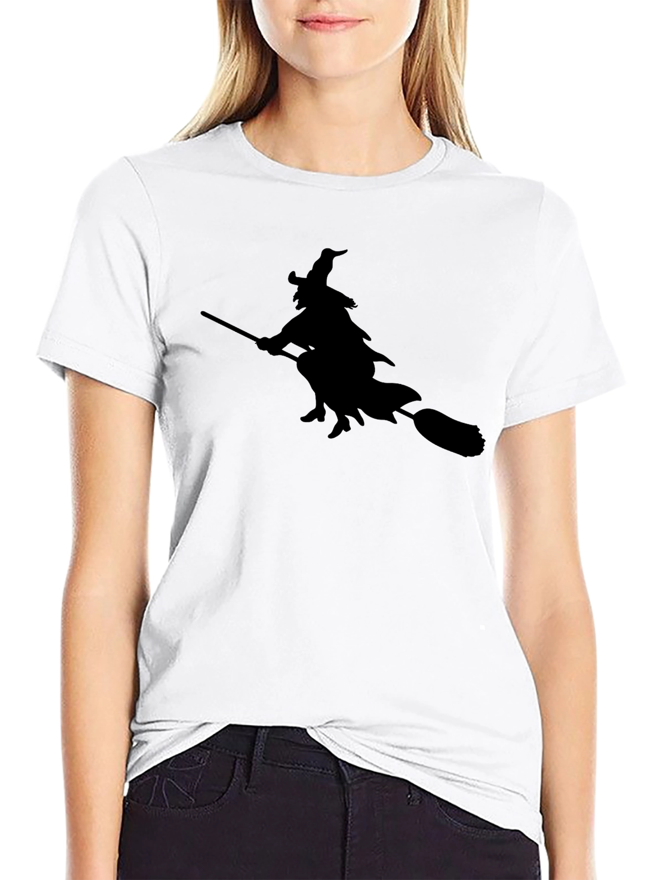 Witch on Broom T-Shirt - Black Tee