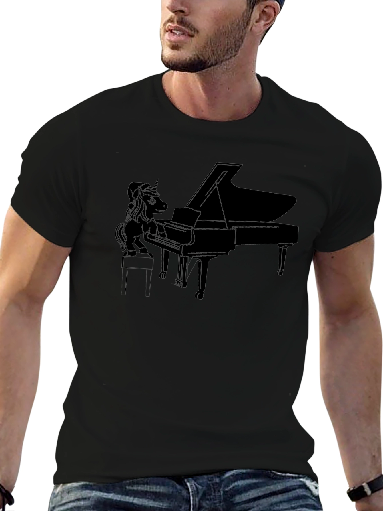 Unicorn Piano Player Black T-Shirt