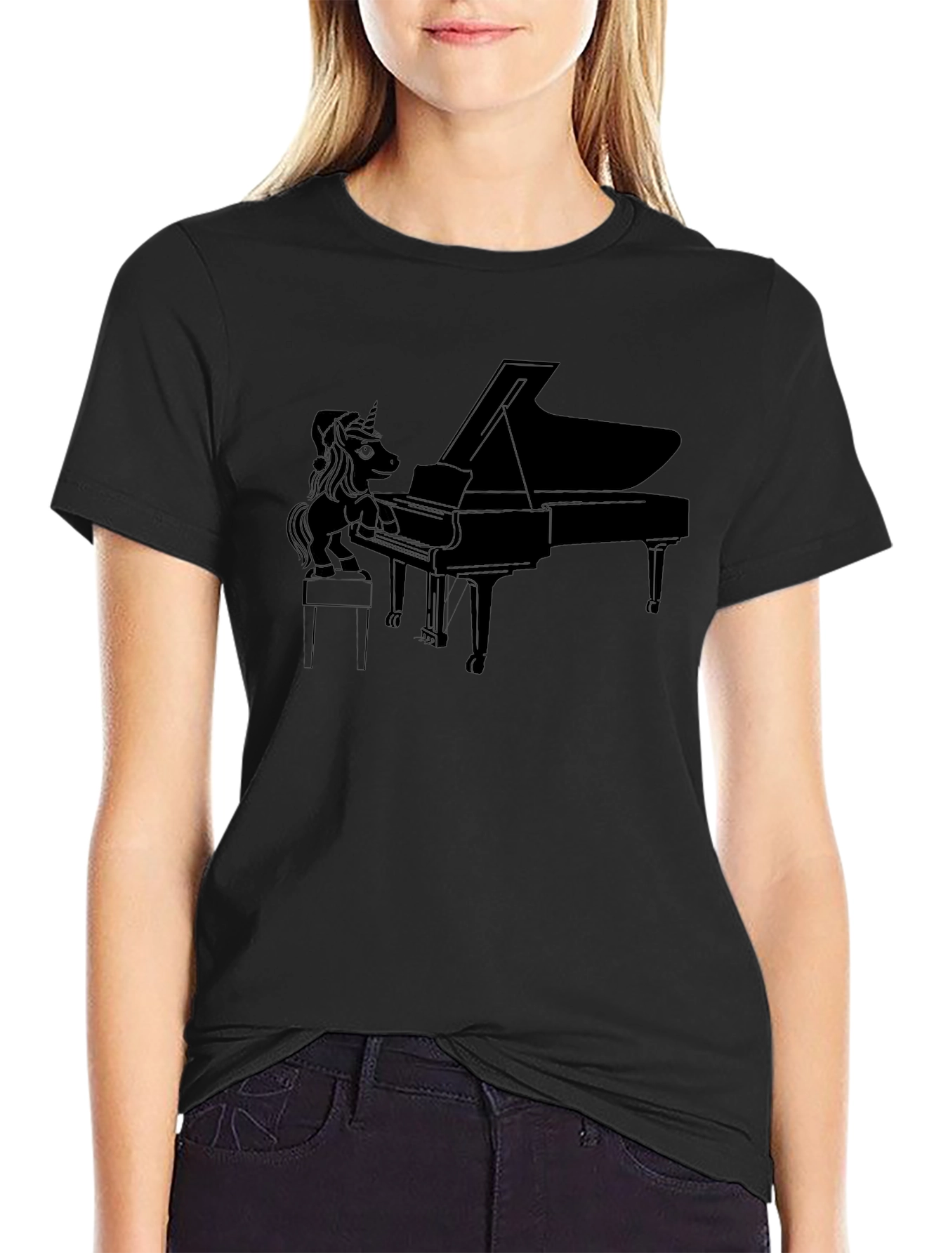Unicorn Piano Player Black T-Shirt