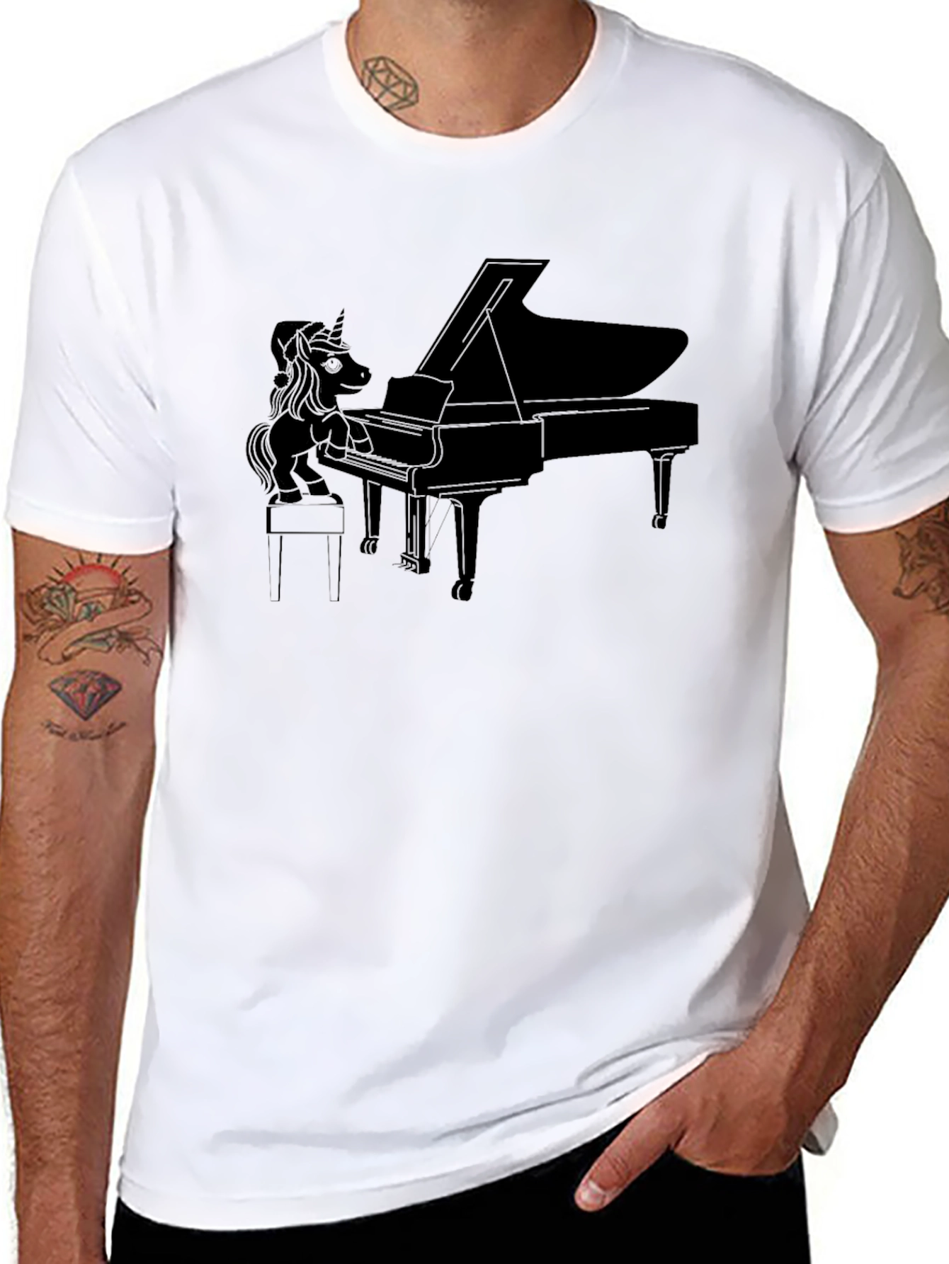 Unicorn Piano Player Black T-Shirt