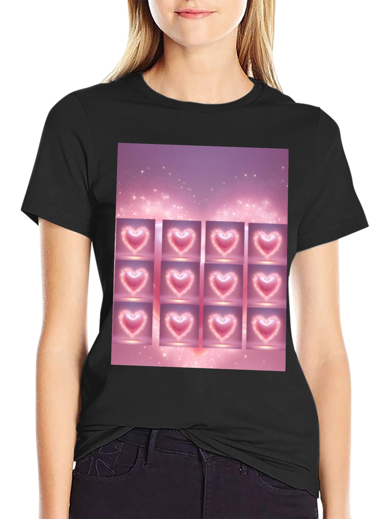 Heart Grid Graphic Tee - Trendy Black T-Shirt