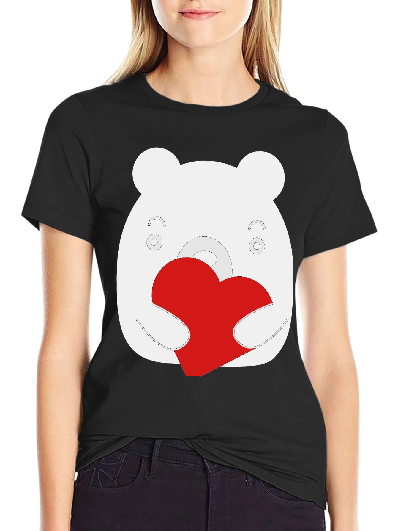 Cute Bear Heart Graphic Black T-Shirt