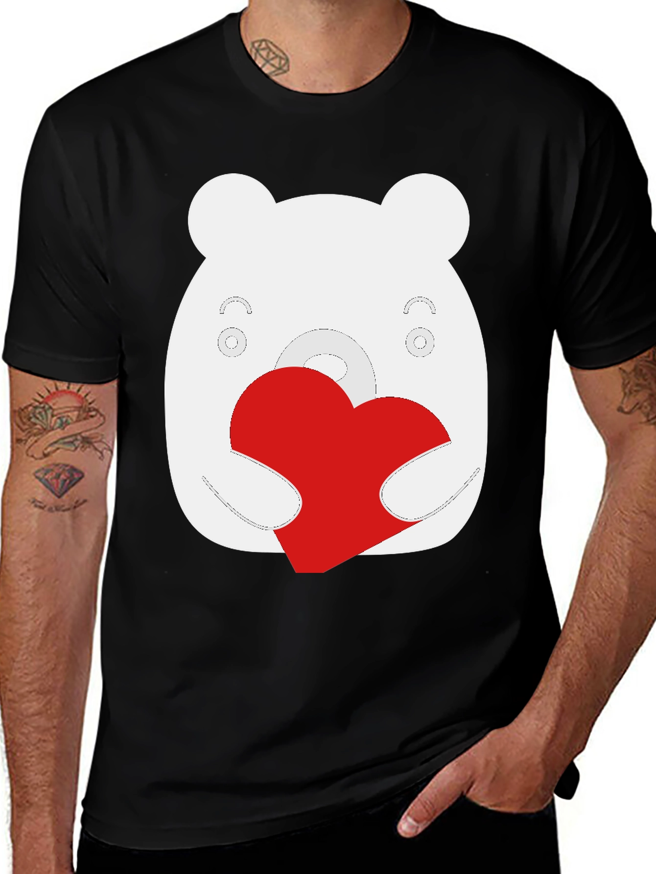 Cute Bear Heart Graphic Black T-Shirt