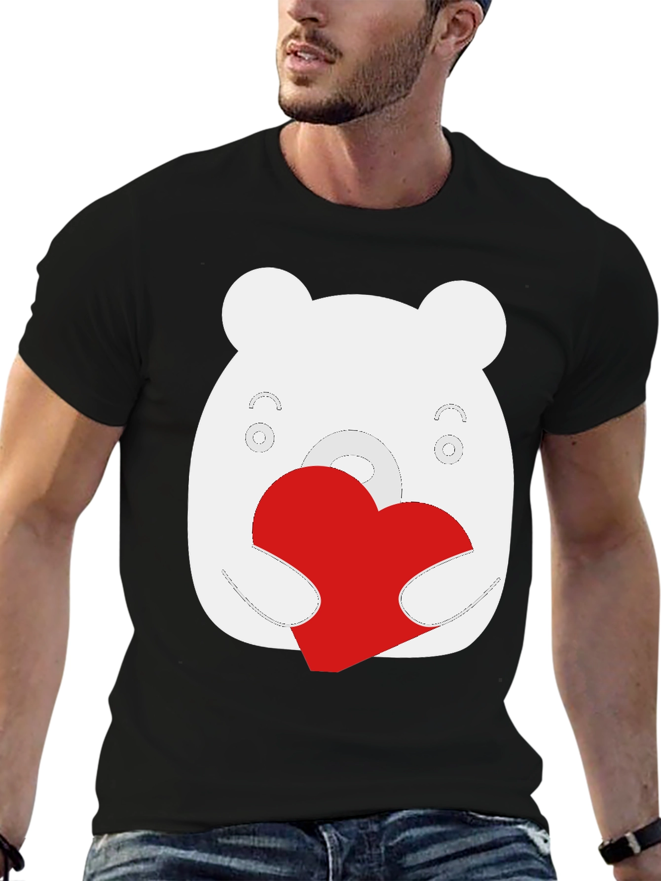 Cute Bear Heart Graphic Black T-Shirt
