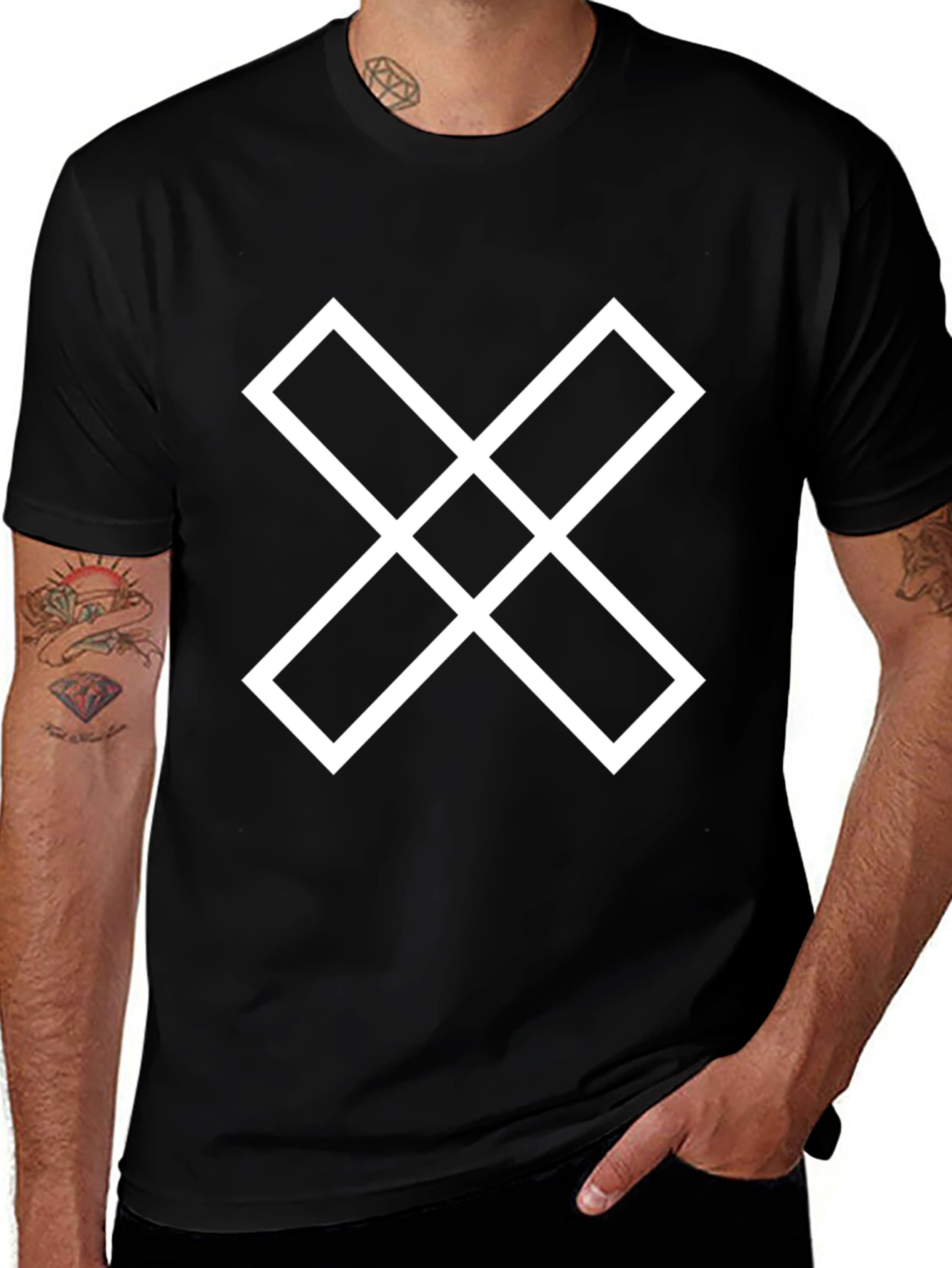 Geometric White Cross Design Black T-Shirt