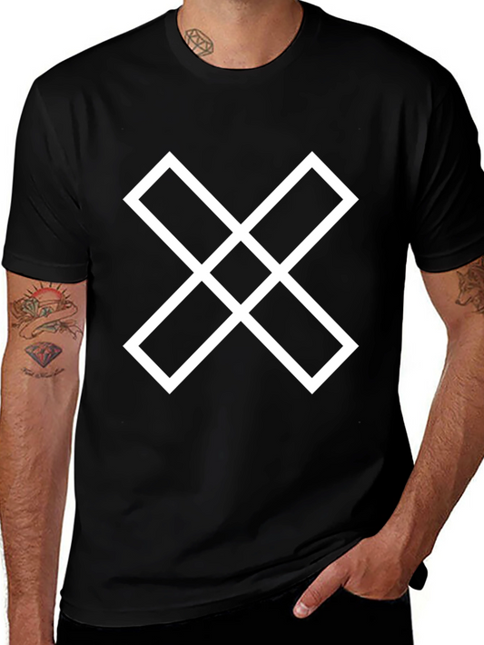 Geometric White Cross Design Black T-Shirt