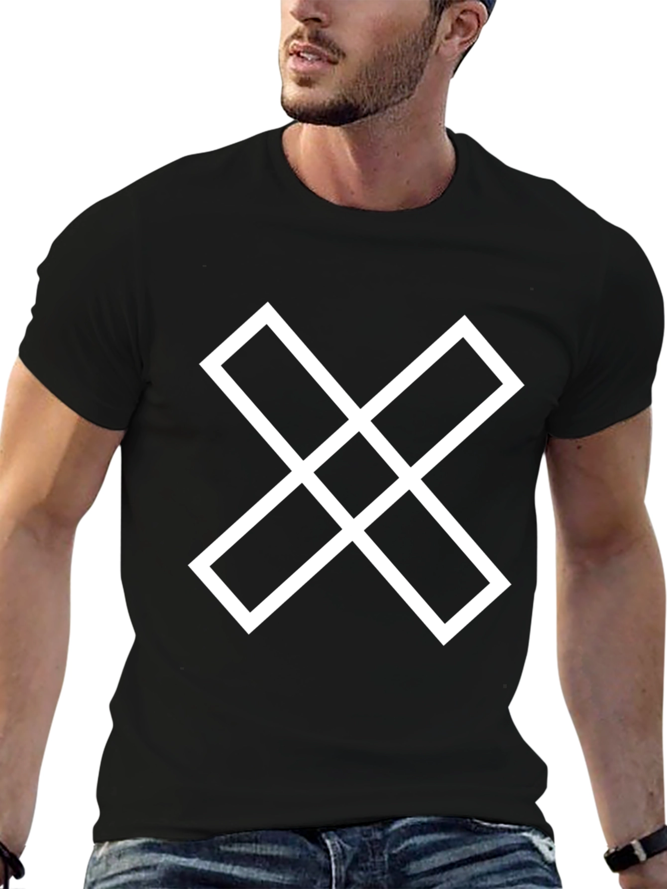 Geometric White Cross Design Black T-Shirt