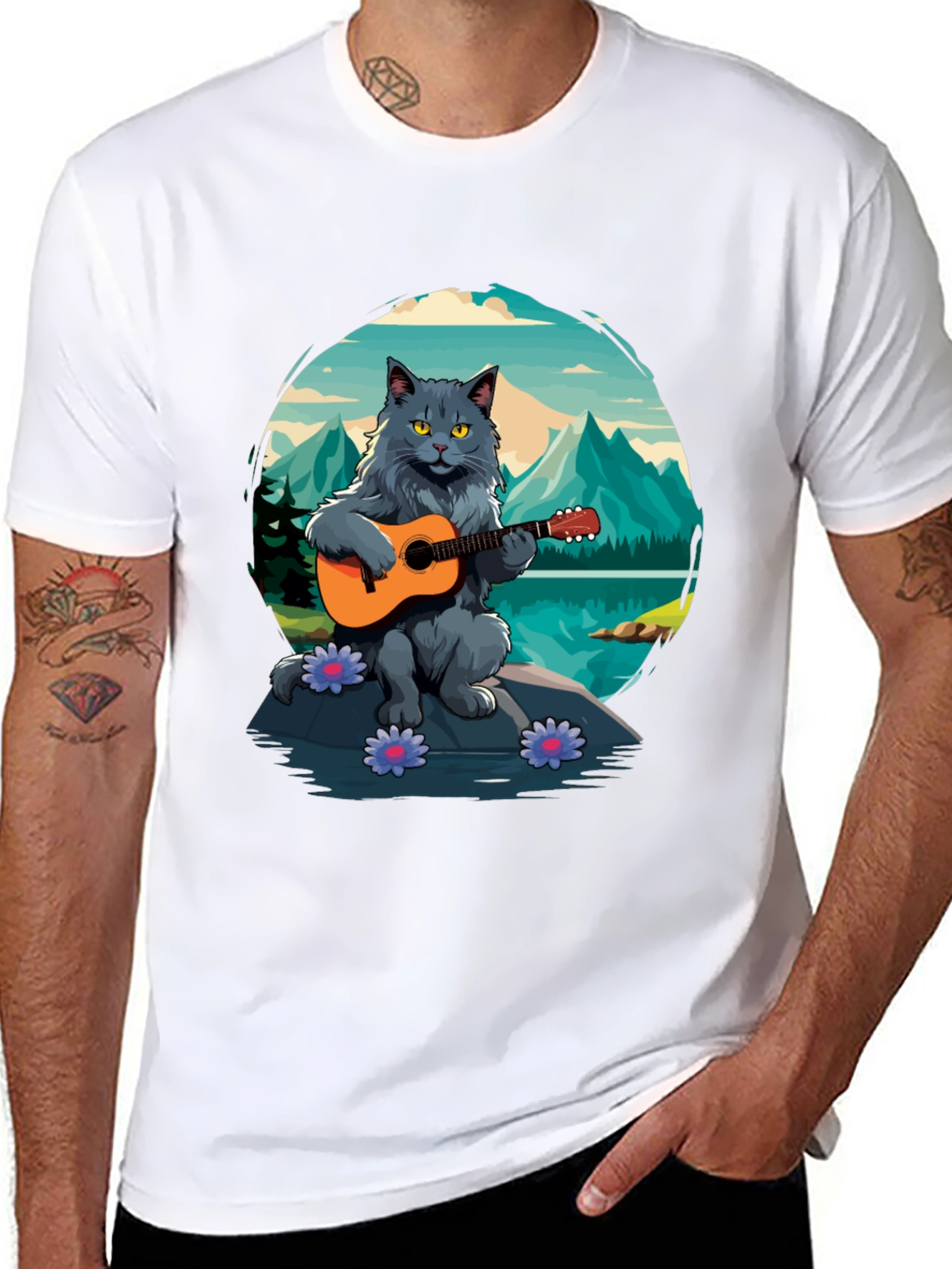 Cat Guitarist Graphic Tee - Playful & Unique Design