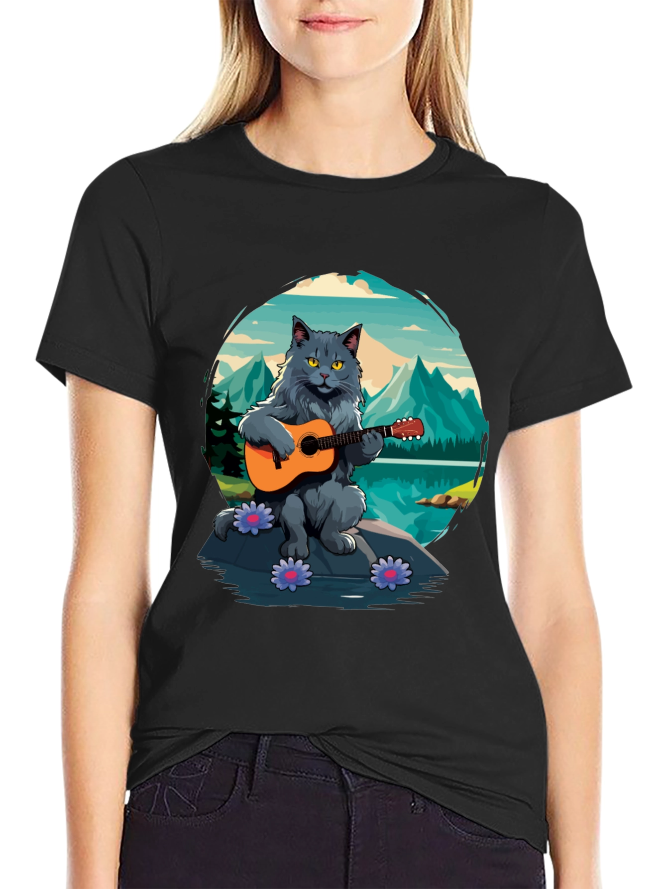 Cat Guitarist Graphic Tee - Playful & Unique Design