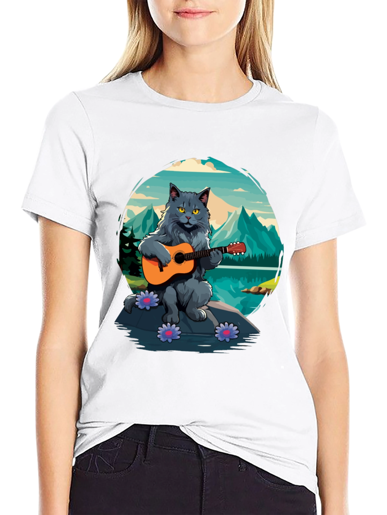 Cat Guitarist Graphic Tee - Playful & Unique Design