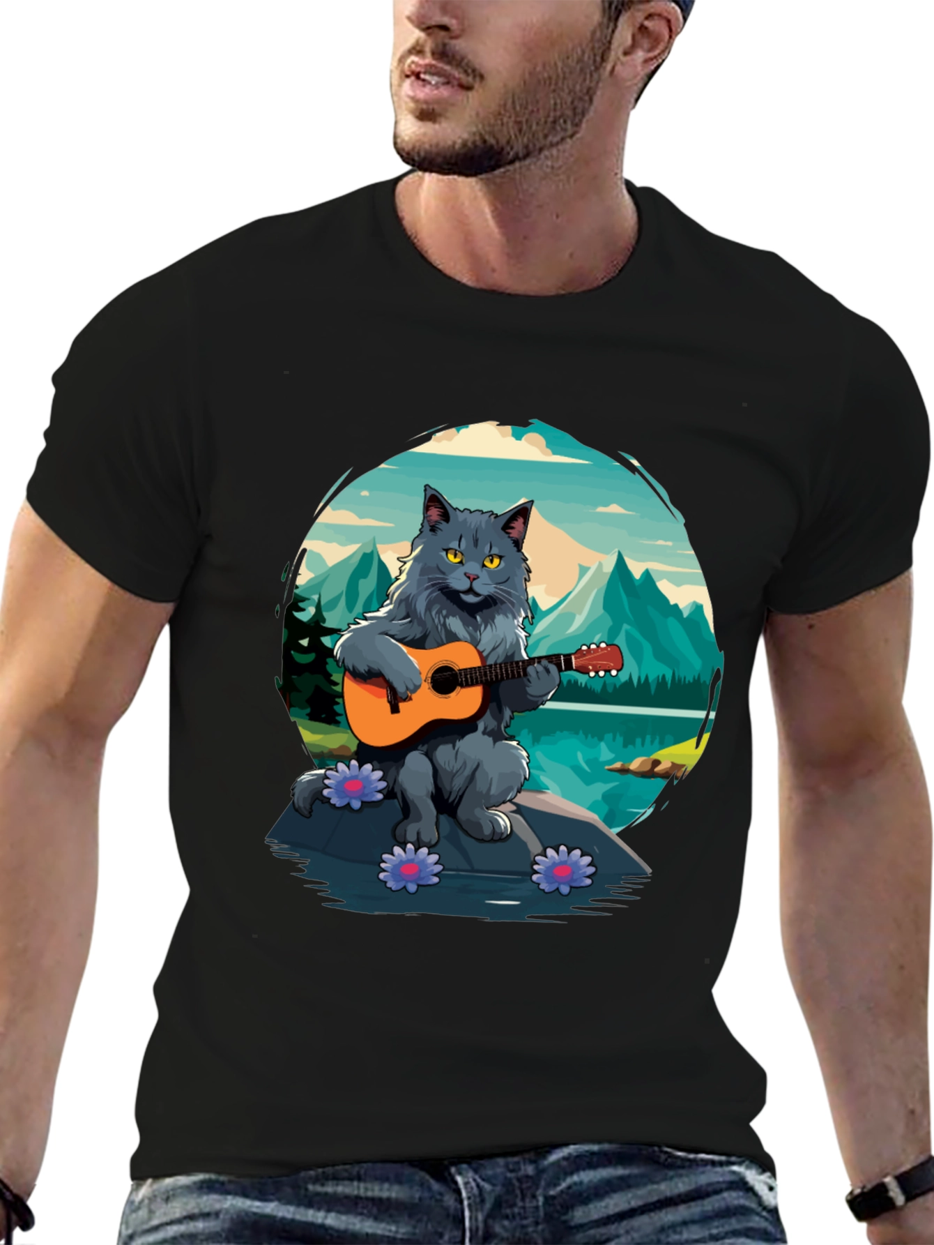 Cat Guitarist Graphic Tee - Playful & Unique Design