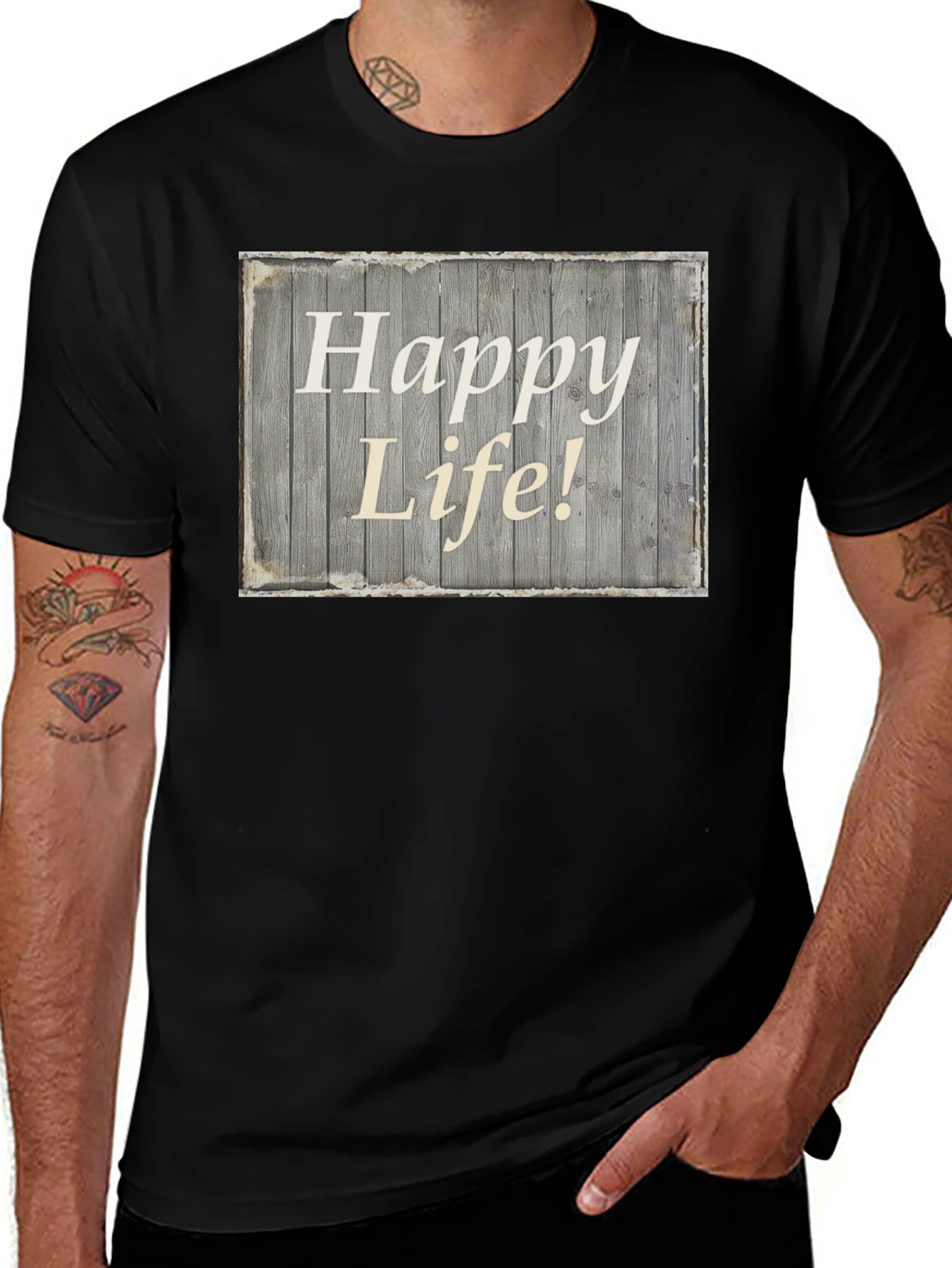 Happy Life Graphic Tee - Black Crew Neck T-Shirt