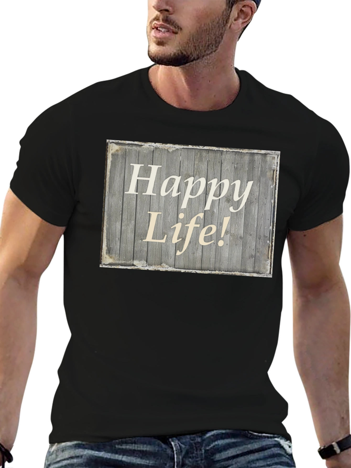 Happy Life Graphic Tee - Black Crew Neck T-Shirt