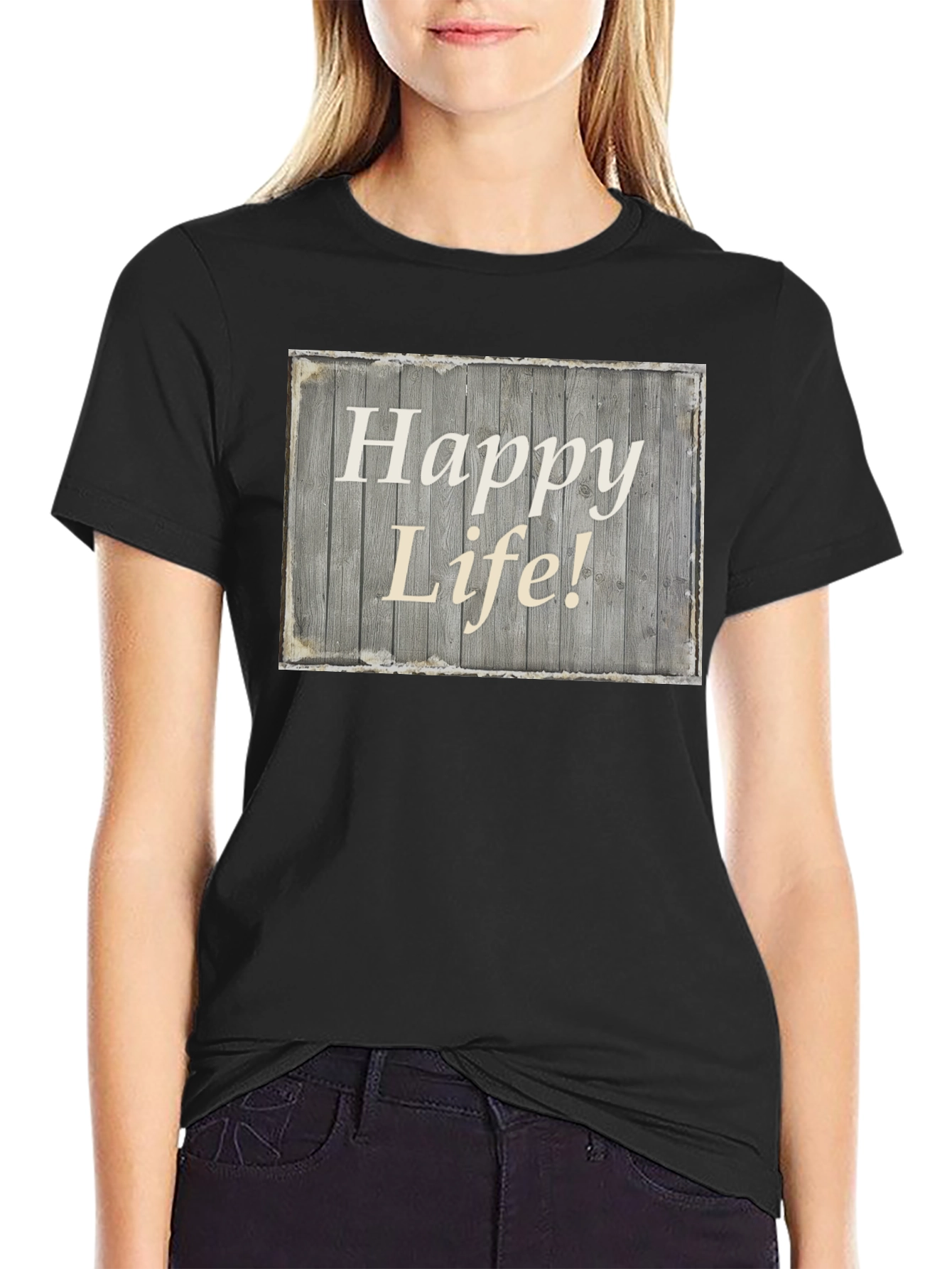 Happy Life Graphic Tee - Black Crew Neck T-Shirt
