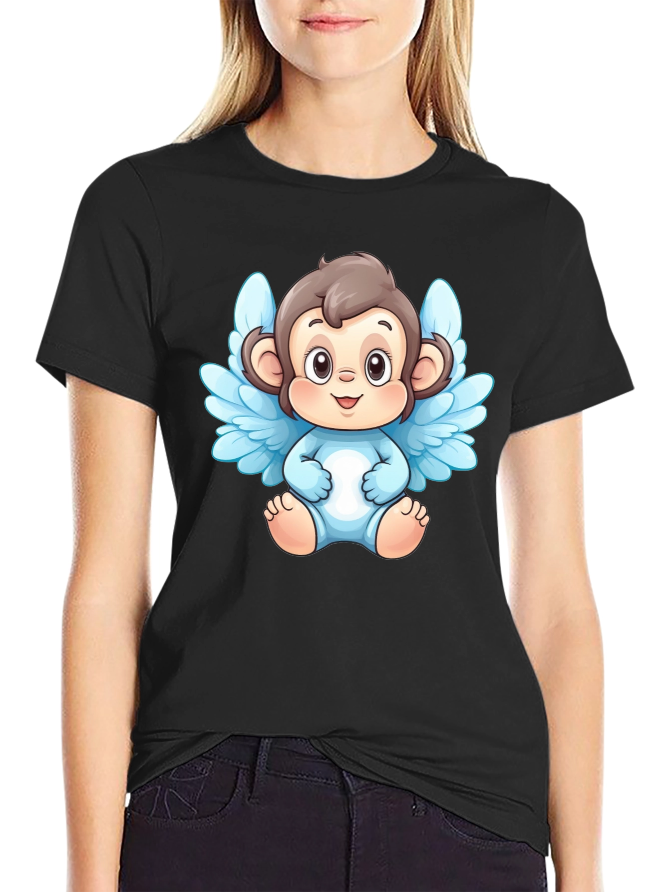 Angel Monkey Graphic T-Shirt - Black Cotton Tee