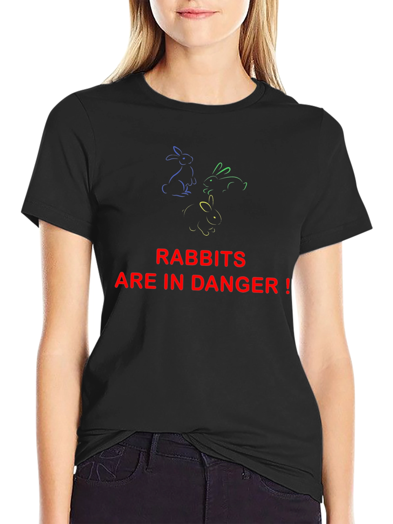 Rabbits in Danger Graphic Tee - Black Cotton
