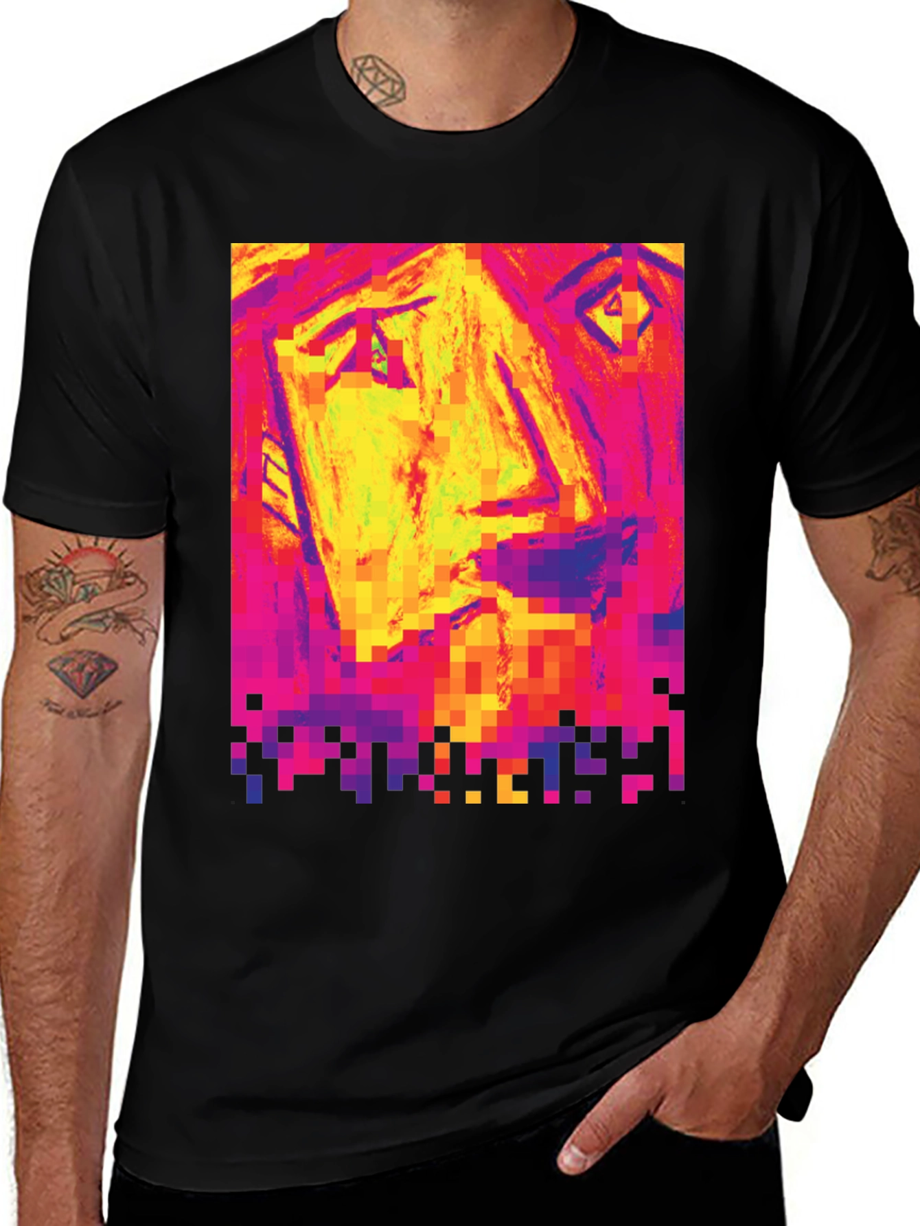 Pixelated Face Graphic Black T-Shirt