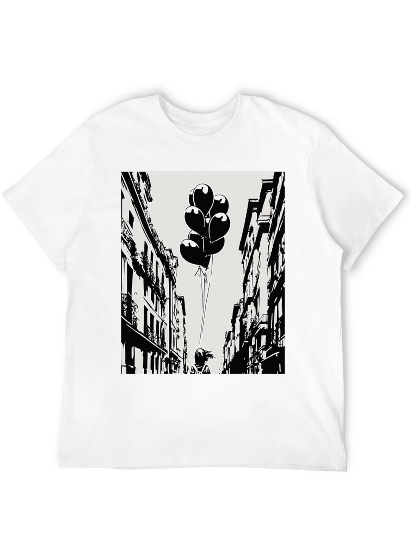 Whimsical Cityscape Tee - Balloon Girl Graphic T-Shirt
