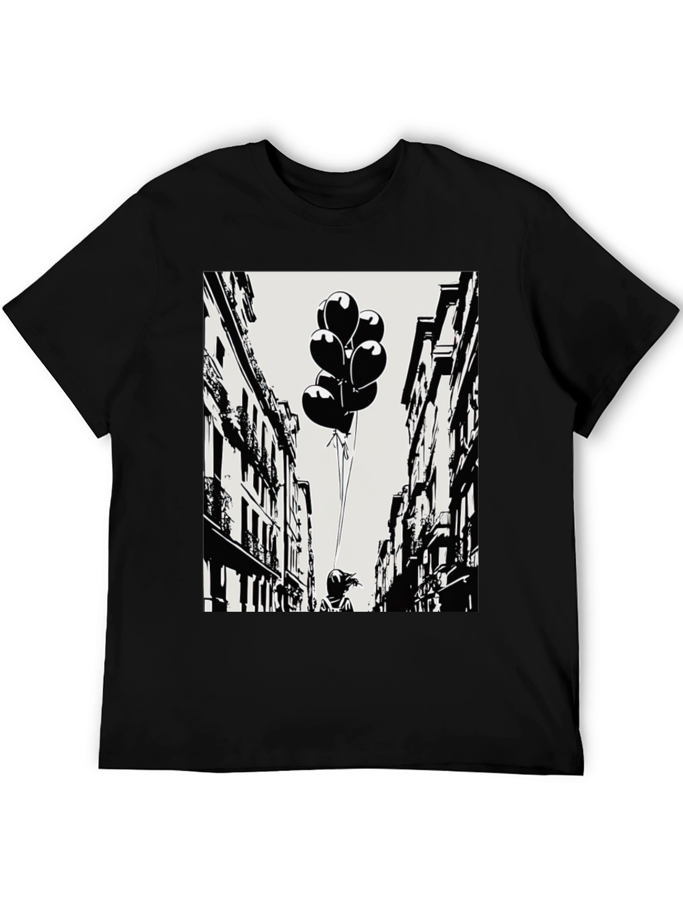 Whimsical Cityscape Tee - Balloon Girl Graphic T-Shirt