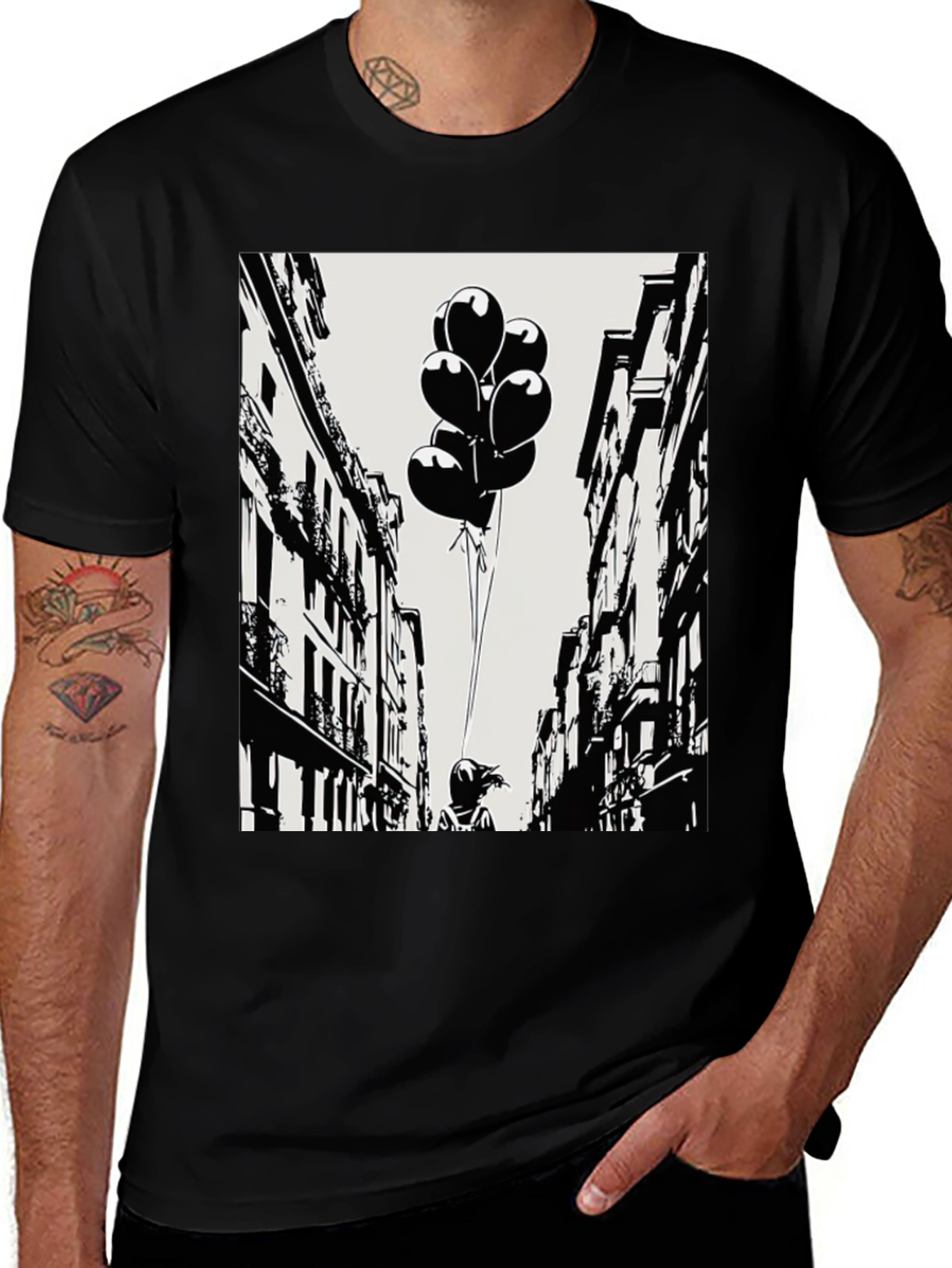 Whimsical Cityscape Tee - Balloon Girl Graphic T-Shirt