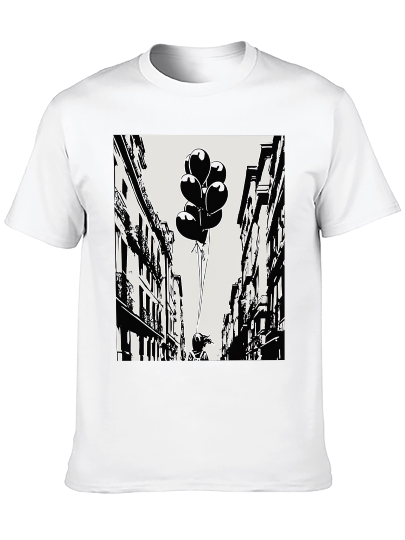 Whimsical Cityscape Tee - Balloon Girl Graphic T-Shirt