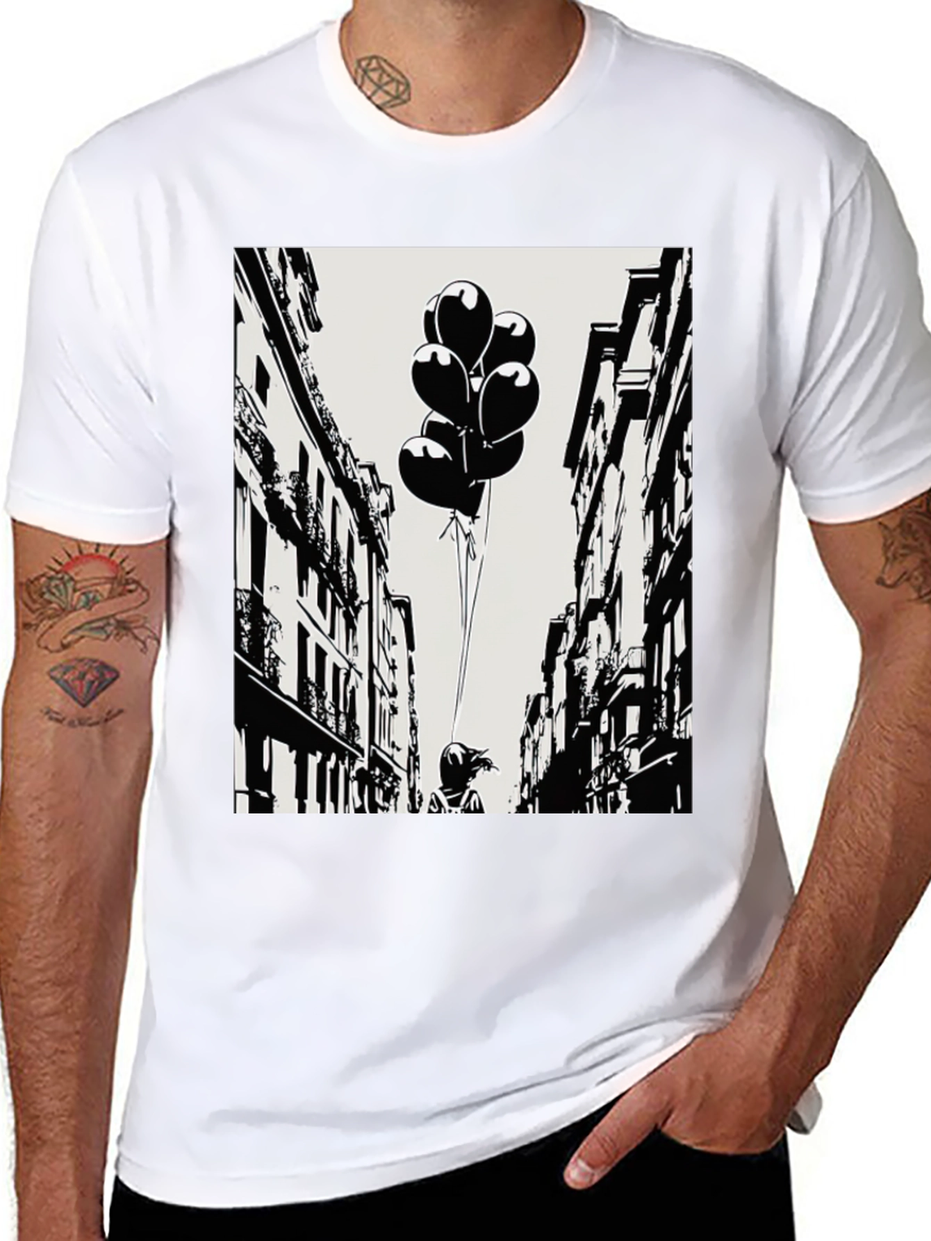 Whimsical Cityscape Tee - Balloon Girl Graphic T-Shirt