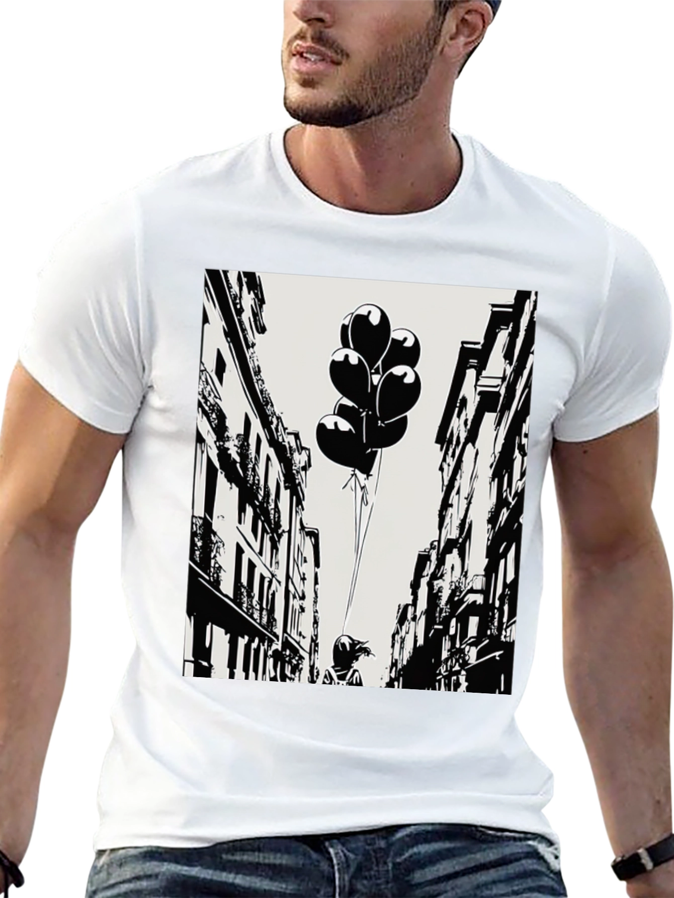 Whimsical Cityscape Tee - Balloon Girl Graphic T-Shirt