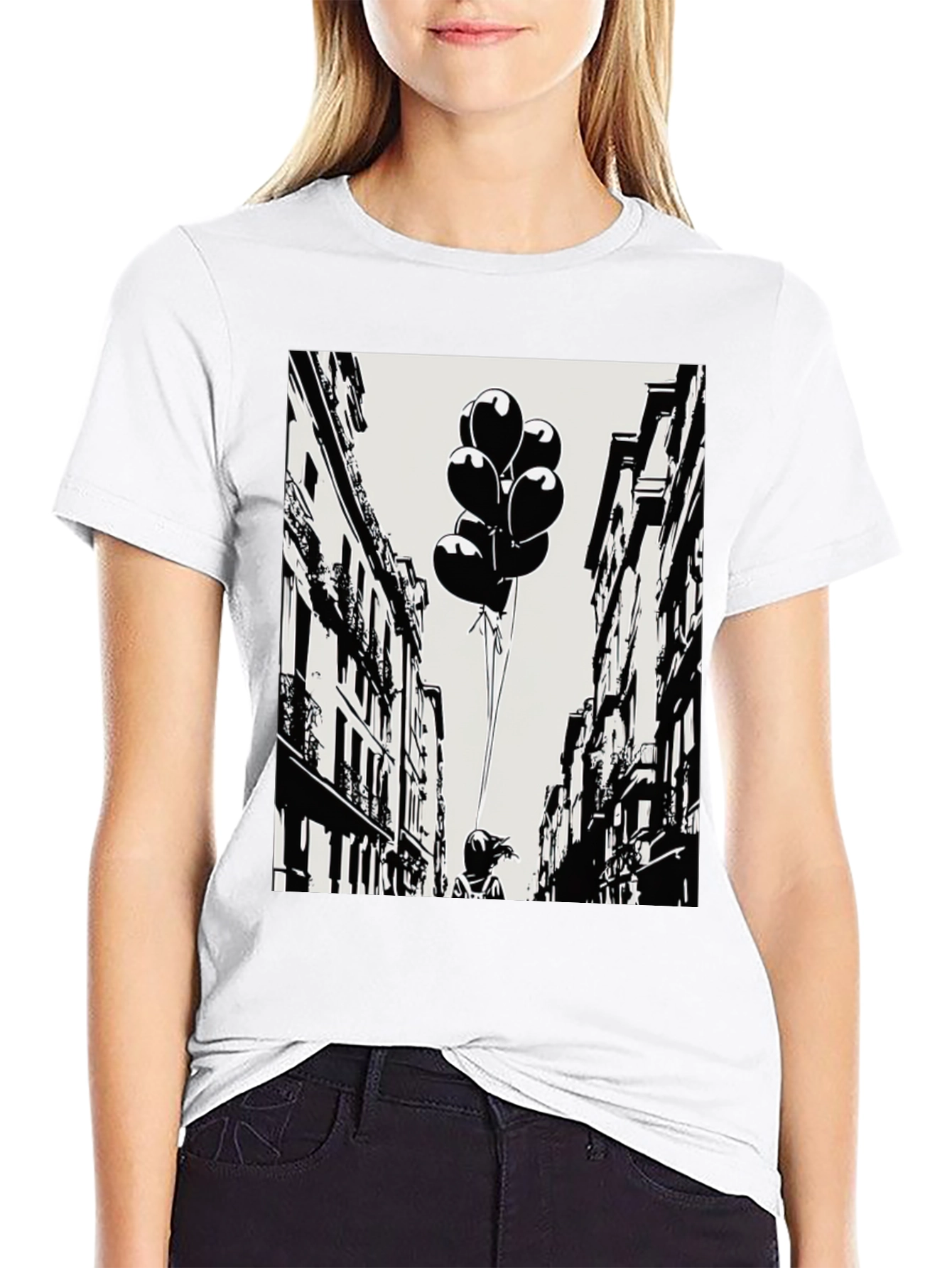Whimsical Cityscape Tee - Balloon Girl Graphic T-Shirt