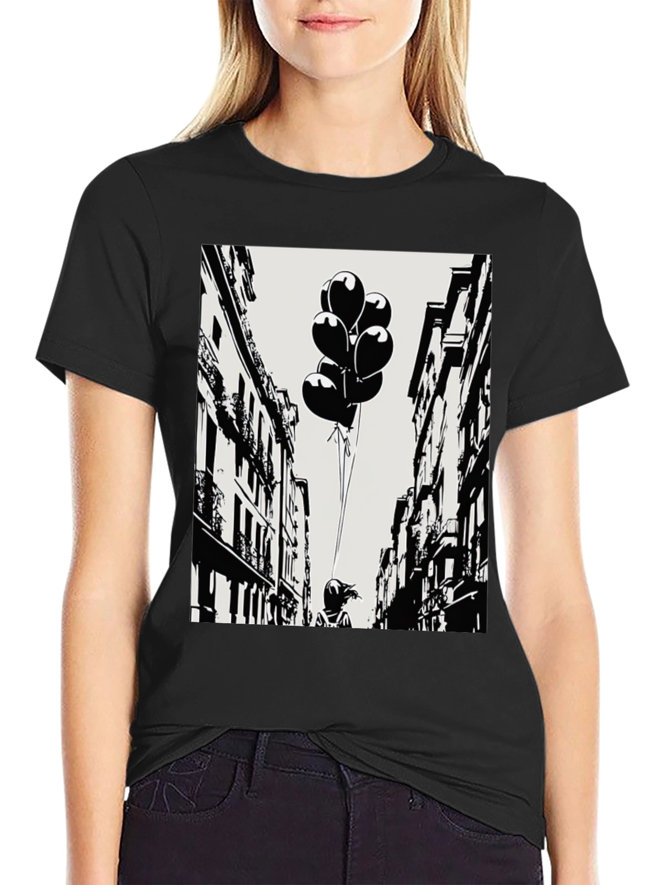 Whimsical Cityscape Tee - Balloon Girl Graphic T-Shirt