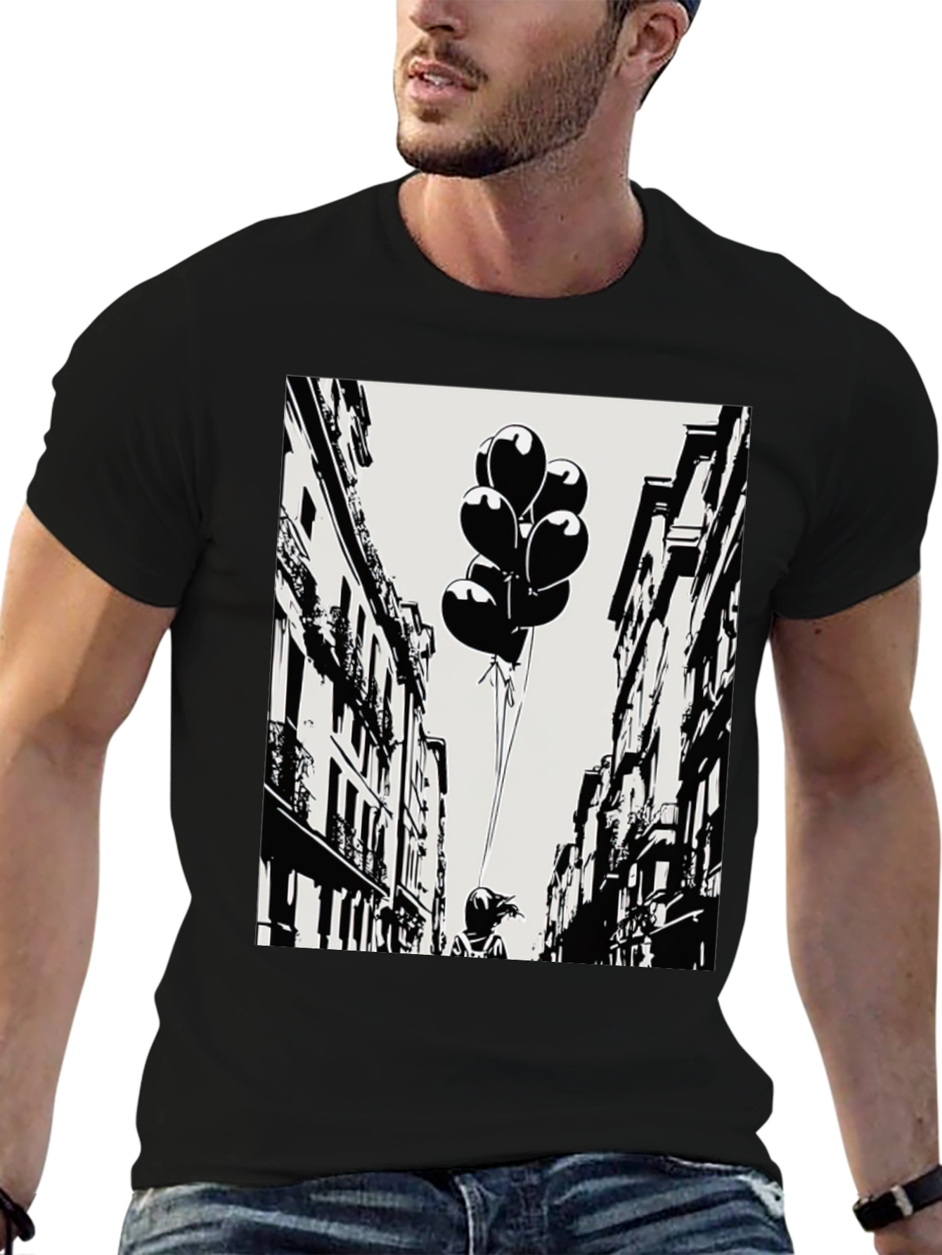 Whimsical Cityscape Tee - Balloon Girl Graphic T-Shirt